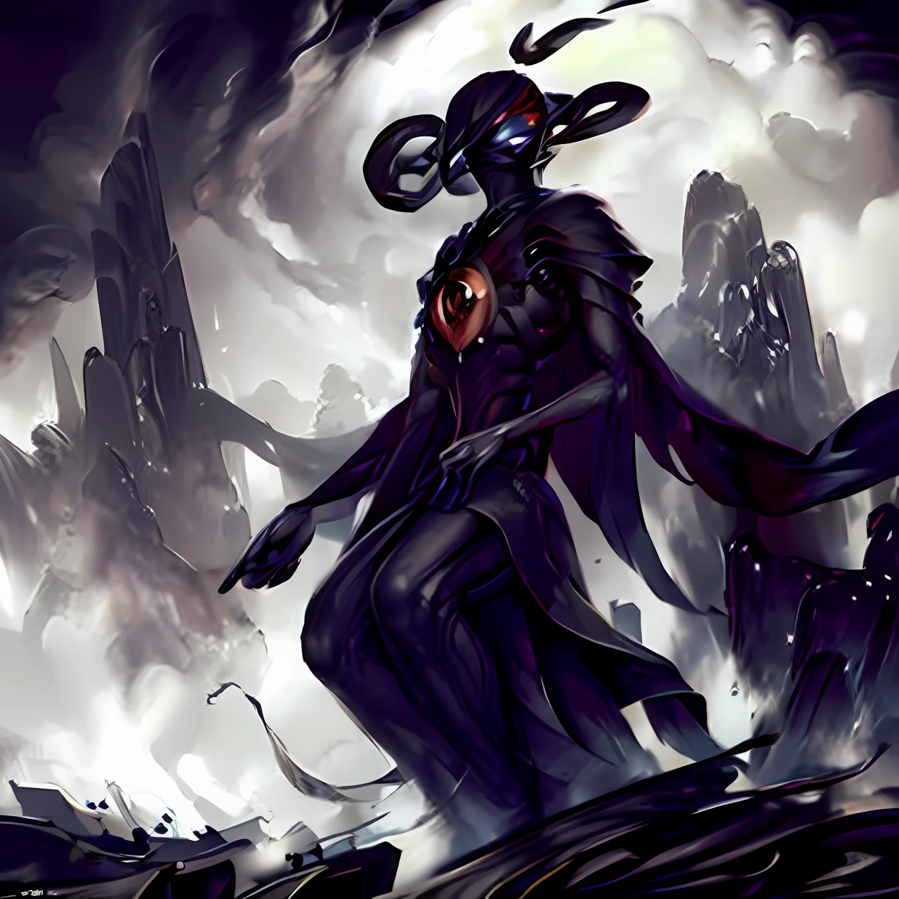 Malificar stands at a towering height, reaching around 10 feet tall, with a slender yet imposing build. Its body is composed of an ever-shifting, swirling mass of inky black mist that seems to defy physical boundaries. The mist coils and undulates, giving the impression of a shadowy cloak that billows around its form. It moves with an otherworldly grace, its movements flowing and ethereal.
Face and Features:
At the core of the swirling mist, two piercing red eyes glow with an eerie intensity. They seem to penetrate the darkness, burning like embers in the night. The eyes hold a malevolent intelligence, conveying the depths of Malificar's sinister nature and its hunger for power. The rest of its face remains shrouded in darkness, concealed by the ever-moving mist.
Aura and Presence:
A palpable aura of darkness and corruption surrounds Malificar, emanating from its form and permeating the air around it. The mist that comprises its body seems to seep into the surroundings, casting a chilling and foreboding atmosphere. It exudes an overwhelming sense of malevolence and power, causing unease and trepidation in those who stand in its presence.
Overall Impression:
Malificar's appearance is striking and imposing, exuding an air of ancient evil and manipulation. Its presence fills the surrounding area with a sense of dread, as if the very essence of darkness has taken physical form. The constantly shifting mist that constitutes its body adds an element of mystery and unpredictability, making it all the more unnerving to behold.