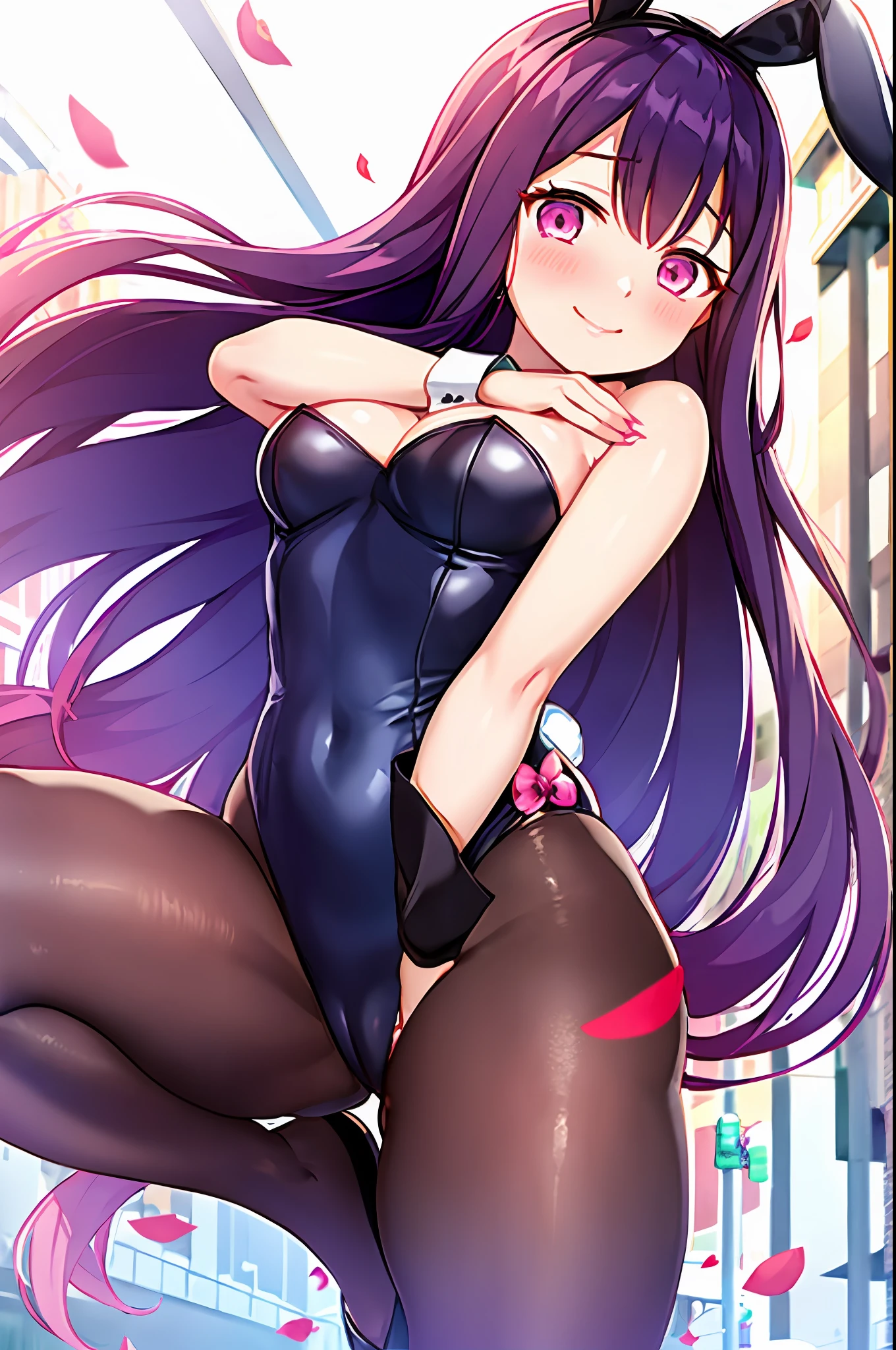 Kamado Nezuko, 1girl, closed mouth, smile, flower, long nails, looking at the viewer, petals, pink eyes, purple hair, ((masterpiece)), embarrassed, surrounded by people, walking on the street in public, nsfw, ecchi style, hands on waist, walking in school, playboy bunny, playboy bunny, big thighs, torn pantyhose