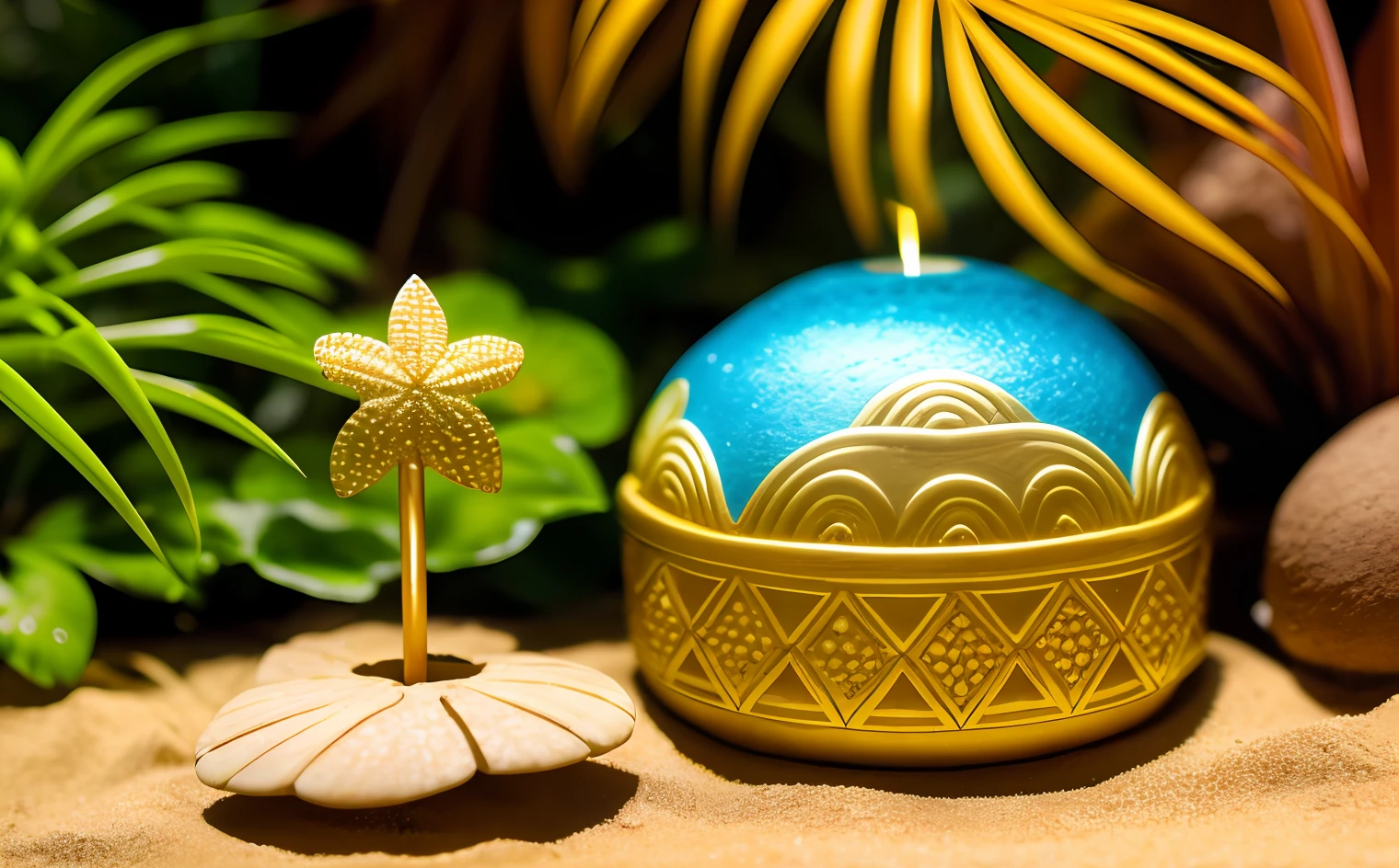 golden dome hologram tiki hut anthill torch hibiscus, sand dollars-upscale-