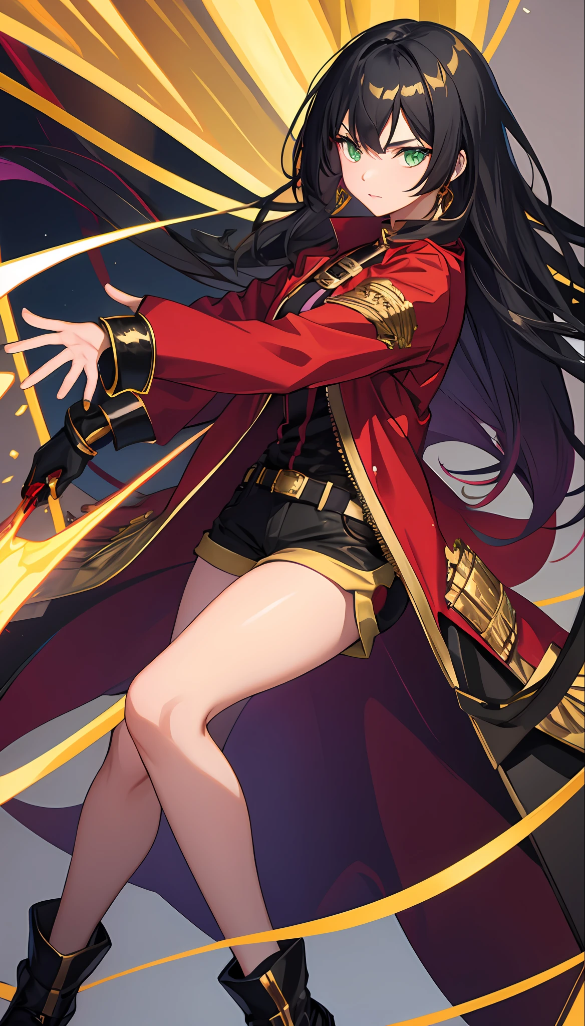 Girl black hair with gold tips, short red jacket, purple shorts, golden gauntlets and green eyes
