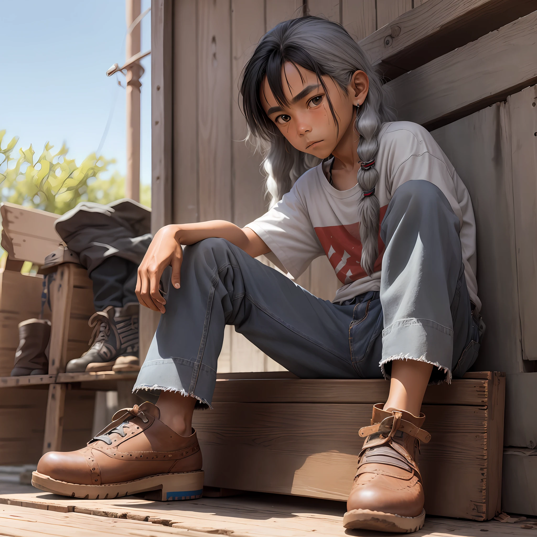 Native American preteen, sitting on a wooden box, looks at the specitor, looking tristre,
dressed in a dirty gray shirt with holes, oversized jeans worn and patched with cuffs revealing his ankles,
large worn leather shoes, long white hair,