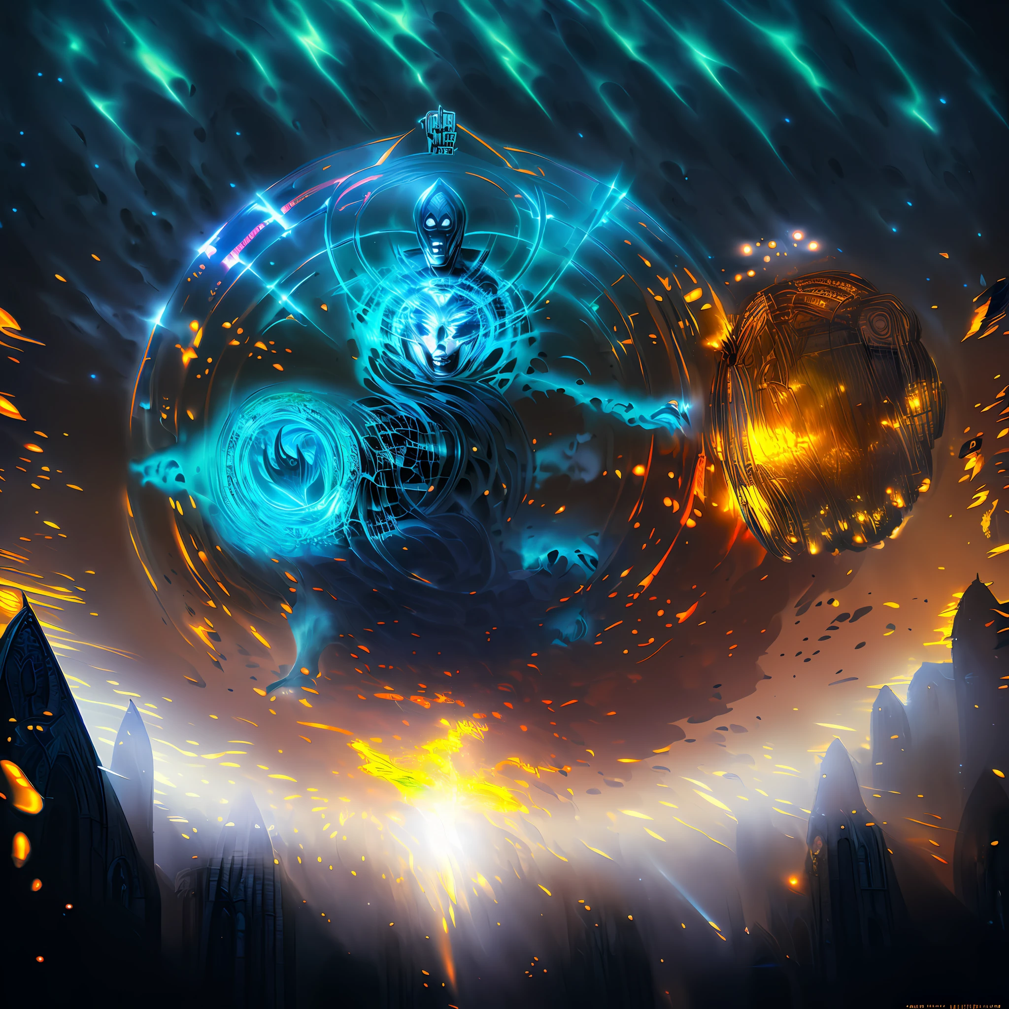 (android mechanical lich hovering above a gothic cathedral)=2.0, robot wings:Unholy Bioluminescent Flame,earnst haeckel, james jean. generative art, baroque, intricate patterns, fractalism, movie still, photorealistic, intricate, elegant, highly detailed, artstation, smooth, sharp focus, illustration, outrun, vaporware,epic wide angle shot, (monsters trapped in orbs of pure unholy celestial aura), angle from behind, (Golden Death Mask) = 1.8, cinematic lighting, Yawning:Blank Stare, (looking at viewer), {Masterpiece}, ((Massive Unholy blue flame meteors falling in background))=1.7, 1man