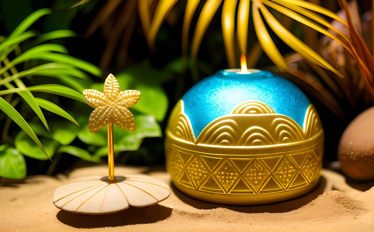 golden dome hologram tiki hut anthill torch  hibiscus, sand dollars-upscale-