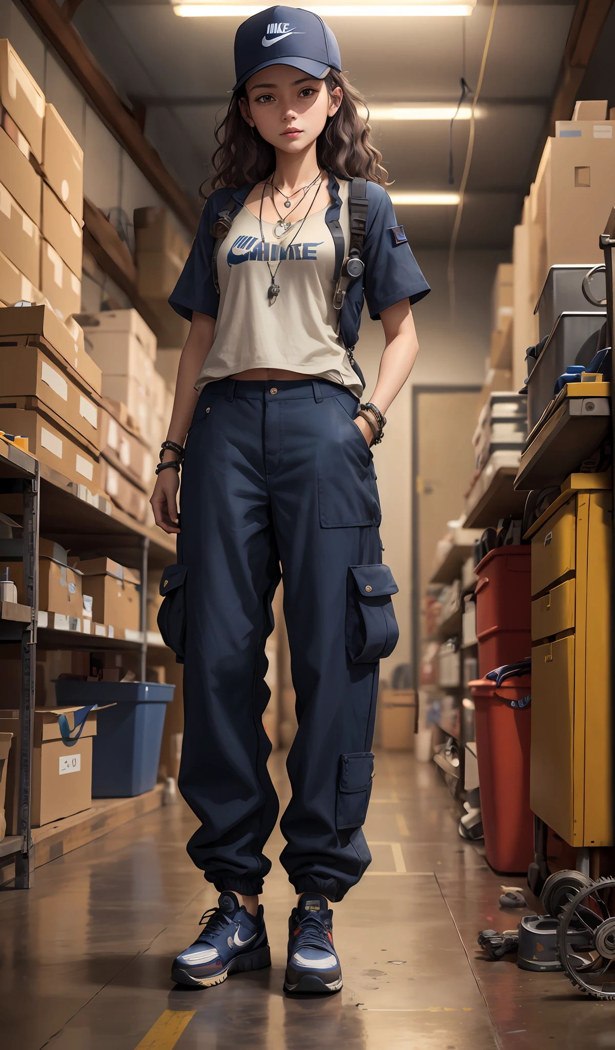 4k, realistic, carismatic, very detail, there is a girl in workshop, she is a mechanic, baggy pants many pocket, navy theme, wavy hair, 25 years old, full body, wearing nike shoes, necklace, wearing many bracelet, hold wrench