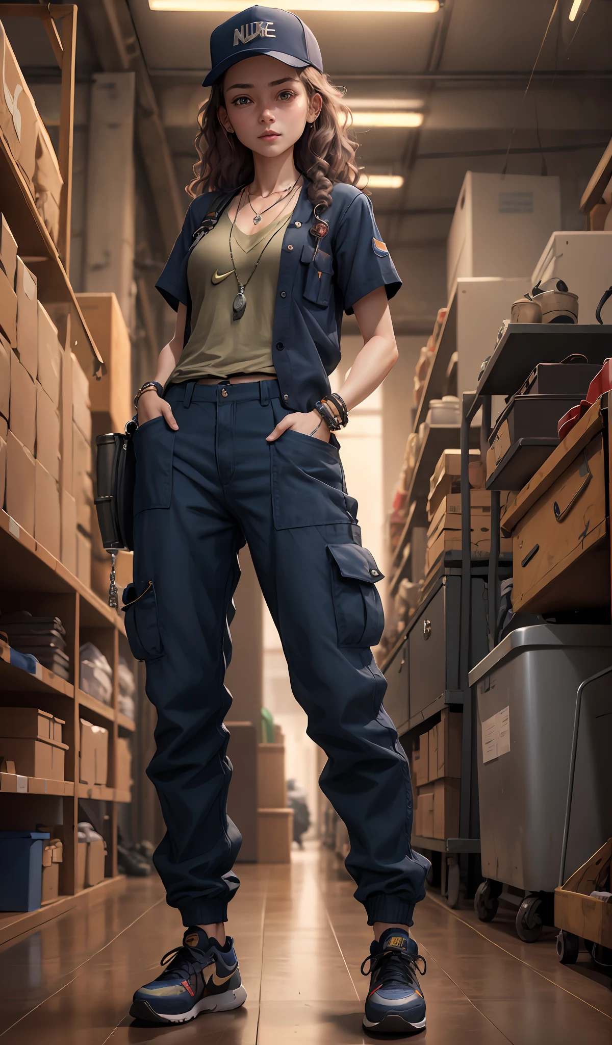 4k, realistic, carismatic, very detail, there is a girl in workshop, she is a mechanic, baggy pants many pocket, navy theme, wavy hair, 25 years old, full body, wearing nike shoes, necklace, wearing many bracelet, hold wrench