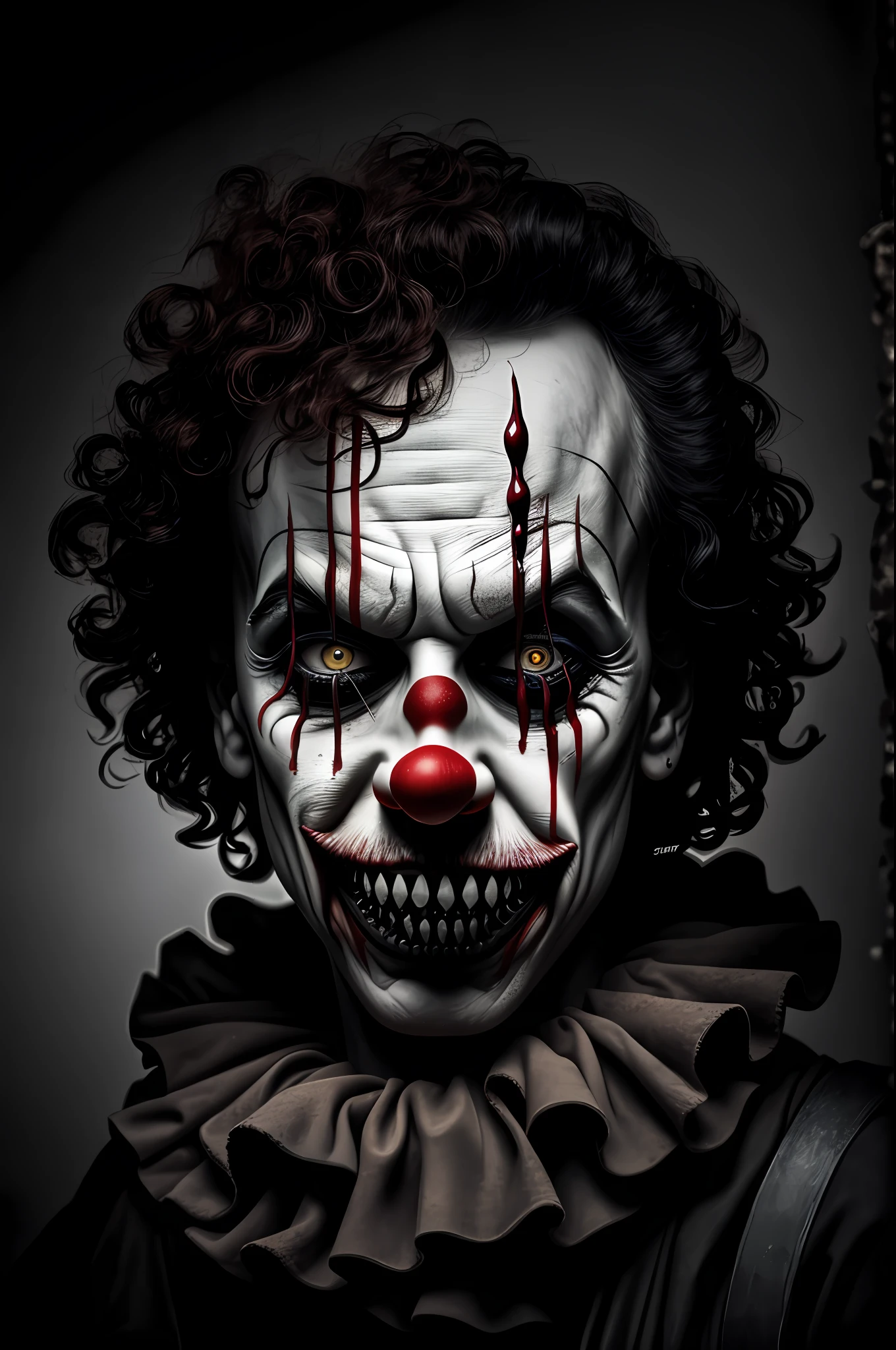 horror, creepy clown, sharp teeth, spooky, evil, blood, dark, moody, cinematic, portrait, half face,