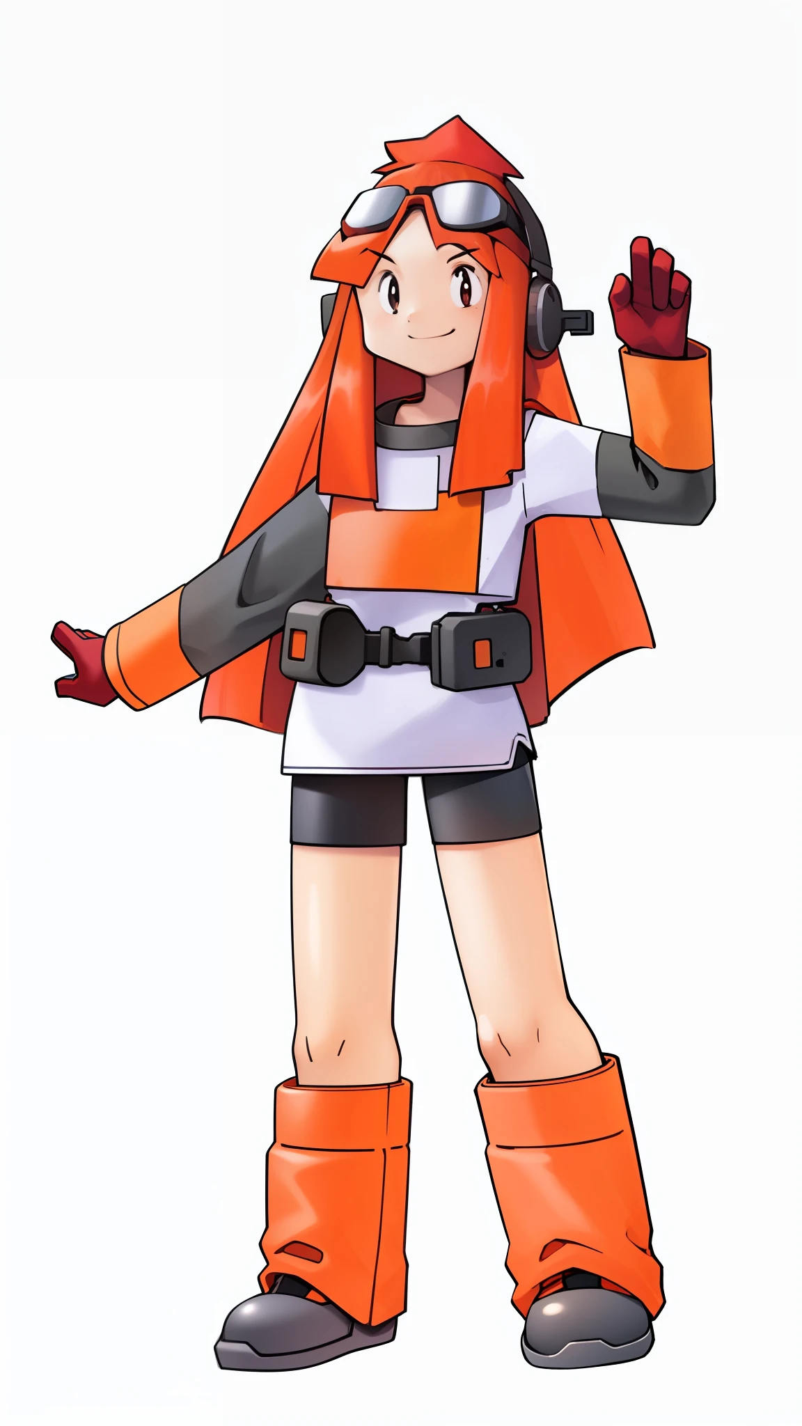 1girl, long orange hair, goggles atop head, wear dark red beanie, white t-shirt, long black sleeves,headphones, black shorts, thin waist, wide hips, legs, thin legs, smiling, waving, maroon eyes, cute, simple pose, masterpiece, best quality