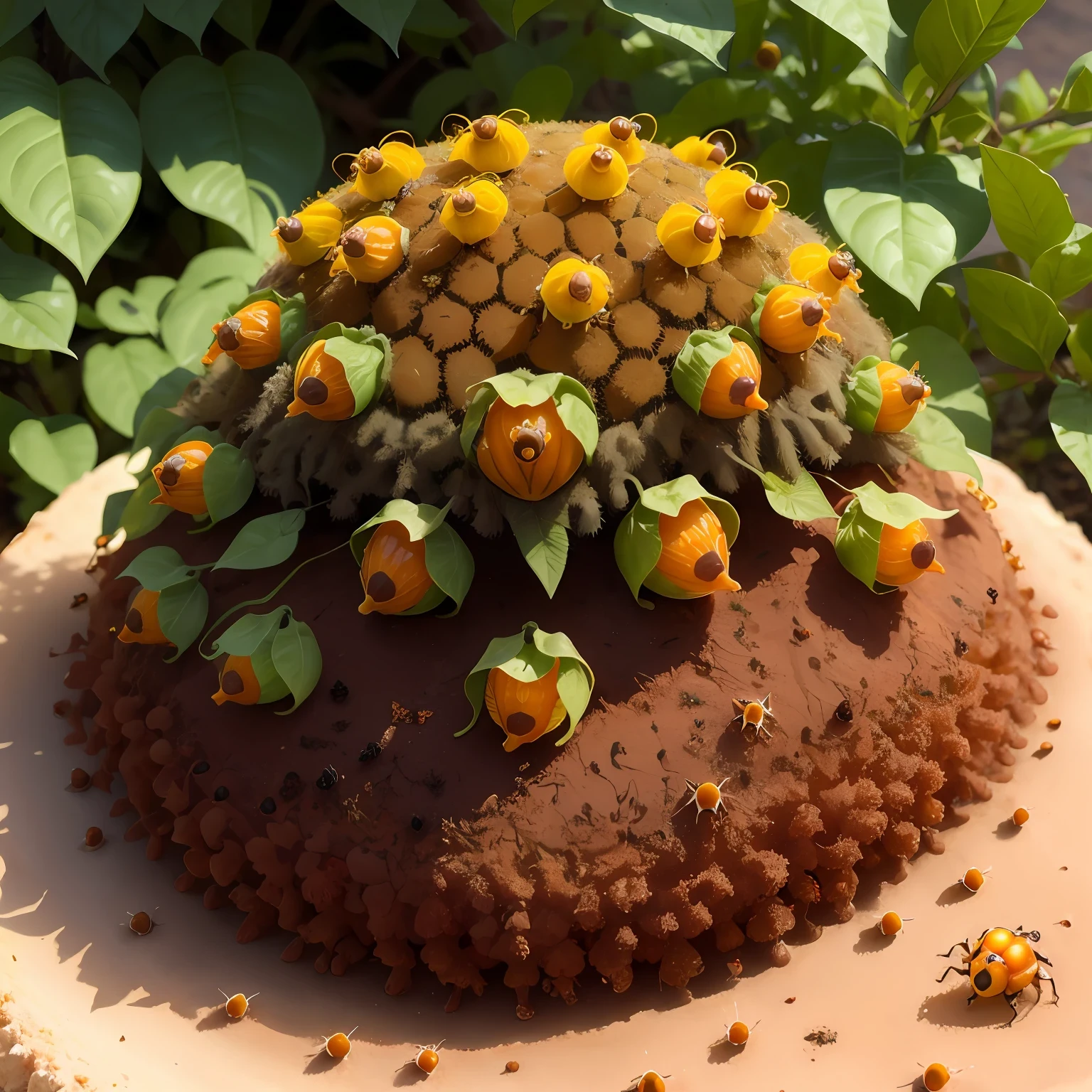 Realistic anthill made with physalis seen from above
