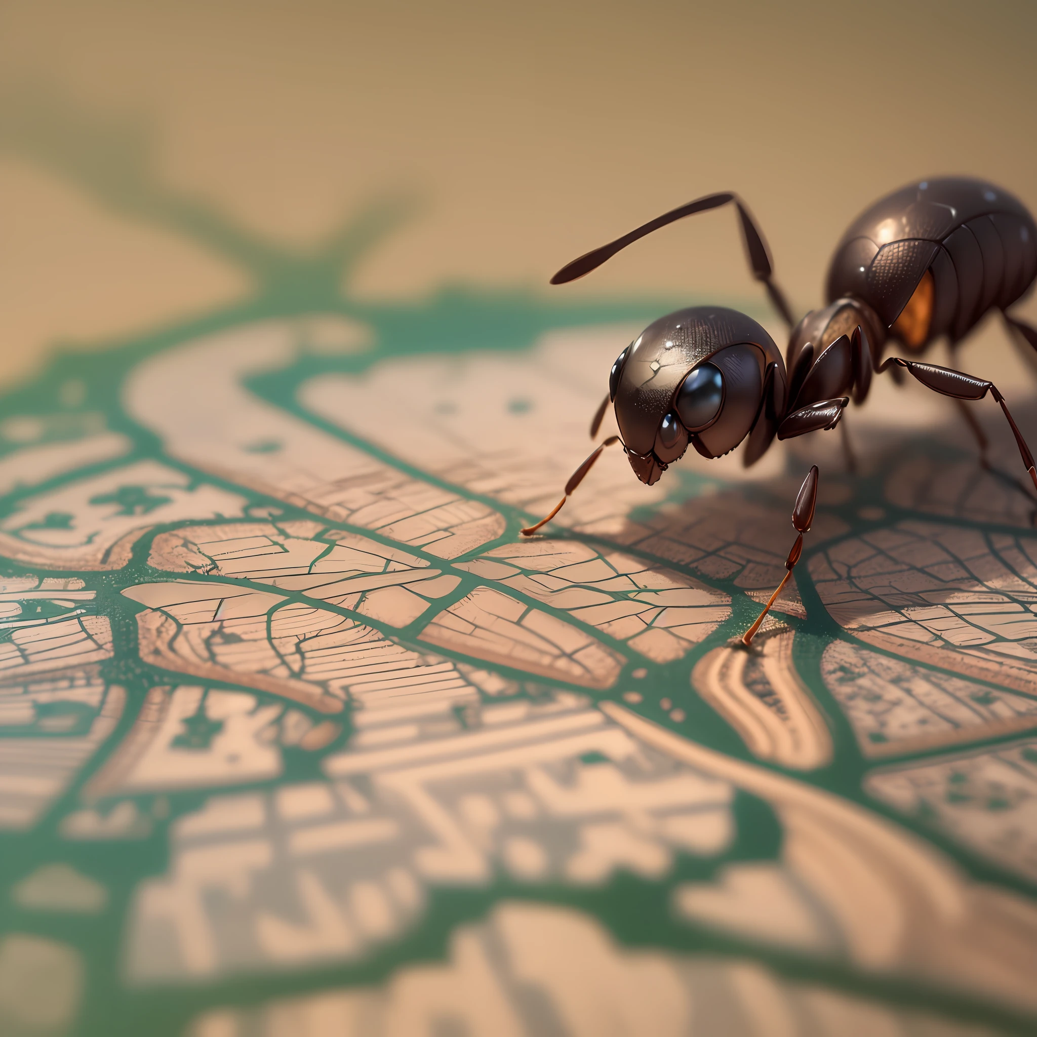 An ant crawling on a paper world map, extreme detail, realistic lighting, epic composition, (intricate detail), (intricate design, hyper detail: 1.2), art station, (masterpiece, best quality), ultra hd, 32k --v 6