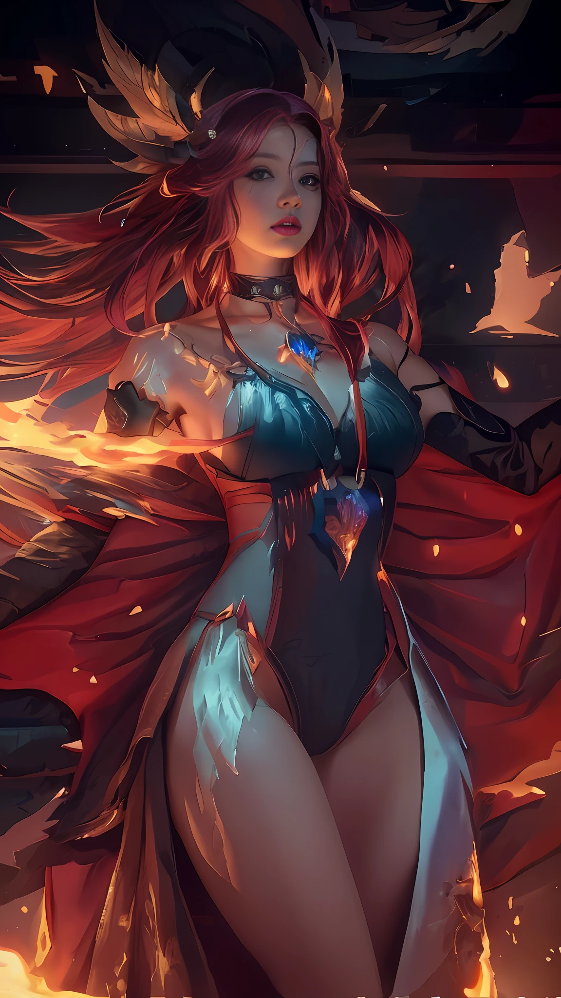a close up of a woman in a bikini black sexy with a fire on her chest, rossdraws 2. 5, dark fantasy style art, alena aenami and artgerm, concept art | artgerm, rossdraws 1. 0, artgerm detailed, diablo 4 lilith, inspired by rossdraws, rossdraws digital painting, RAW wideangle photography, landscape, 4k uhd image, octane render, awesome, 8k, award winning art, cinematic lighting, high detail, intricate, ethereal, magical, otherworldly, dark fantasy, hyperrealistic, dreamlike, inky, hypermaximalist, (decay:1.3), (grit:1.3), (neglect:1.3), to8contrast style RFKTR_sinetempore