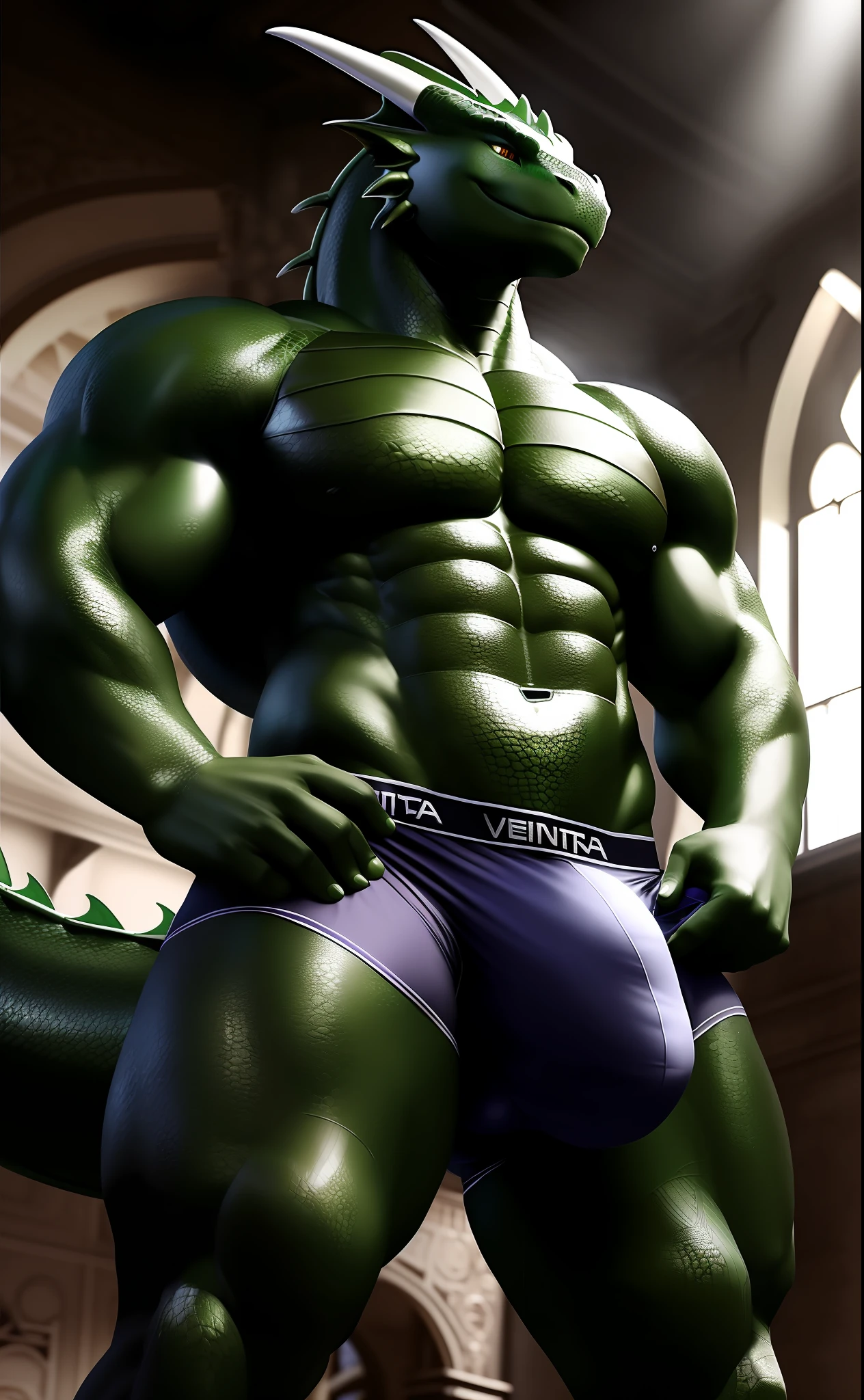 ((ultra realistic, masterpiece, cinematic lighting, extreme detail, realistic detailed scale, realistic shaders)), (dragon), with head and belly with green scales, arms and legs with black scales, antrum, pose, (smiling, beautiful), (detailed face, detailed eyes), front view, full body, (large pectorals), (top clothing), (underwear, large bulge), detailed background, tight underwear, large bulge, small dragon claws, detached bulge, dragon's tail, (venous muscles), erection inside underwear