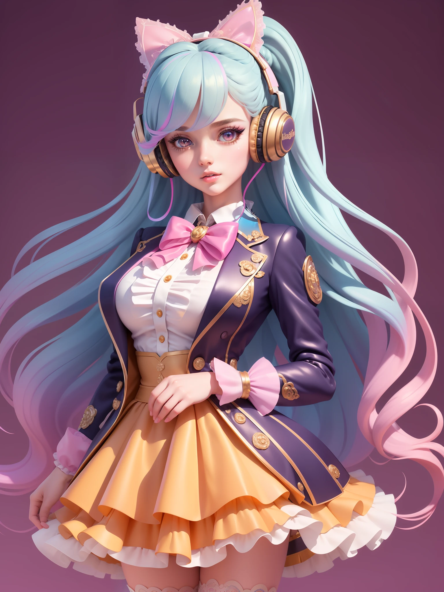 (masterpiece),(best quality),(ultra-detailed), (full body:1.2), 1girl, solo, upper body, long curly hair,song suit, pompadour skirt, slim and beautiful vest, lace shirt, Bubble sleeves, sequin, bow, plaid, rainbow hair, Headphones, Long Hair, standing microphone, (beautiful detailed face), (beautiful detailed eyes),