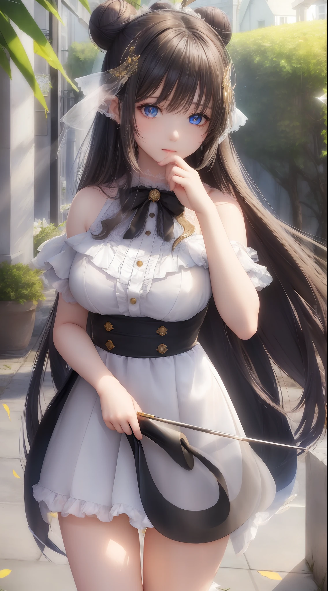 (water mist, light and shadow, aesthetics, details delicate picture, illustration, illustration style, light tracing strong, correct proportions, anime network, perfect composition, high quality, masterpiece, masterpiece, many details, good atmosphere, refinement, ray tracing, close-up, perfect composition, infinite detail, high quality, rich details, gorgeous purity, detail light, ray tracing) , bright eyes, eye details, heterochromic pupils, pupil details, long black hair, fluttering in the wind, hair details, hair strands, silky, super beautiful female, plain exquisite , Costume details, delicate facial features, beautiful, beautiful, gentle, stunning face, headpin, low bun, hair on the ears with feather decoration 180, bare legs 3:1 street shoot