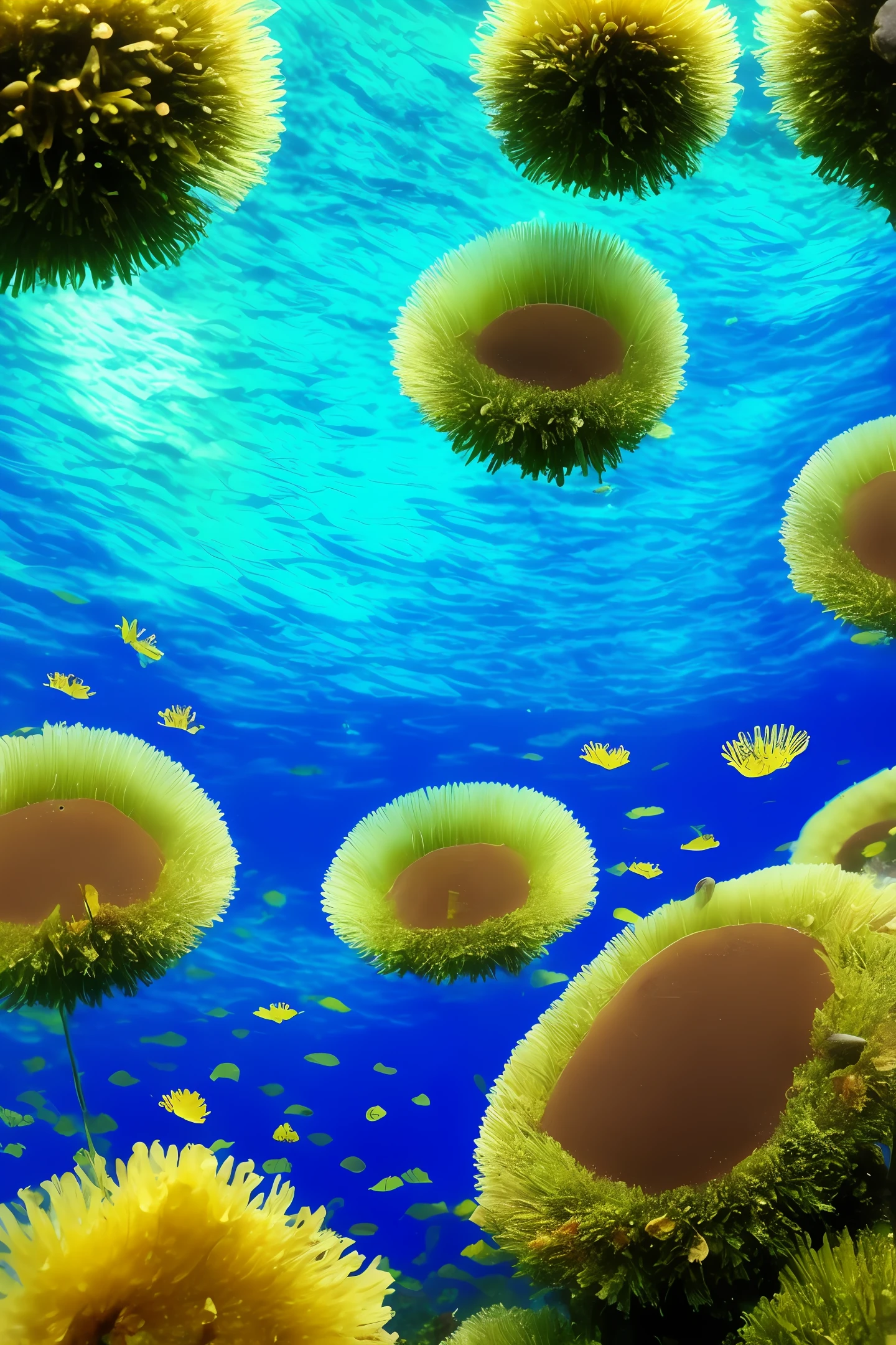 as anthills make from abandone blue bootle,in the sea, with some ants life inside,some flower,leaves and calm,upscale