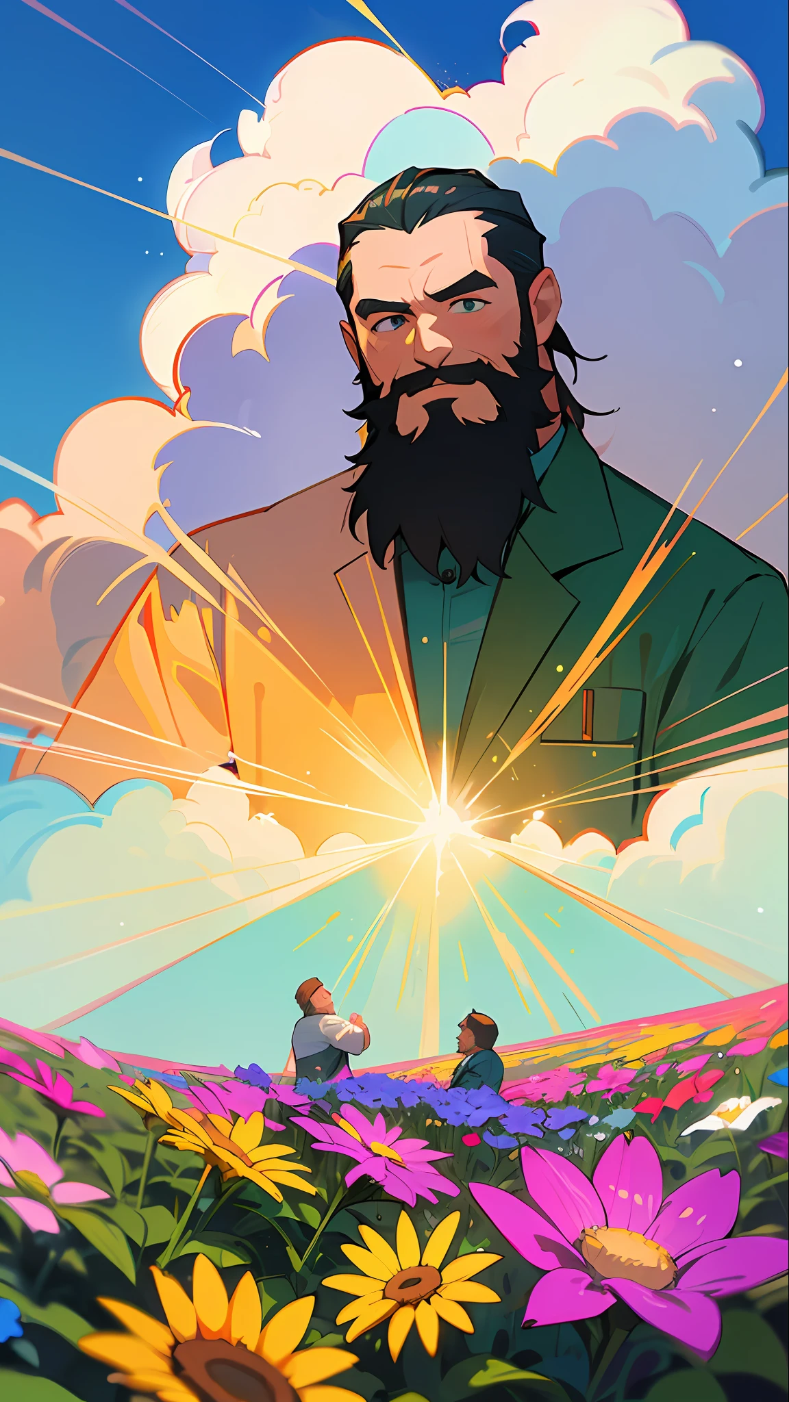 Make illustration poster, flat illustration, (((Father's Day))), (((Father and son))), father with beard, shirt, clear facial features, smile on face happiness, small children and middle-aged father, outdoors, sunny, blue sky and white clouds, flowers and green plants in the foreground, colorful, highly saturated, contour light, warm and bright, colorful, HD 8K, colored light particles, heterochromatic, (color: 1.5) ,--v6