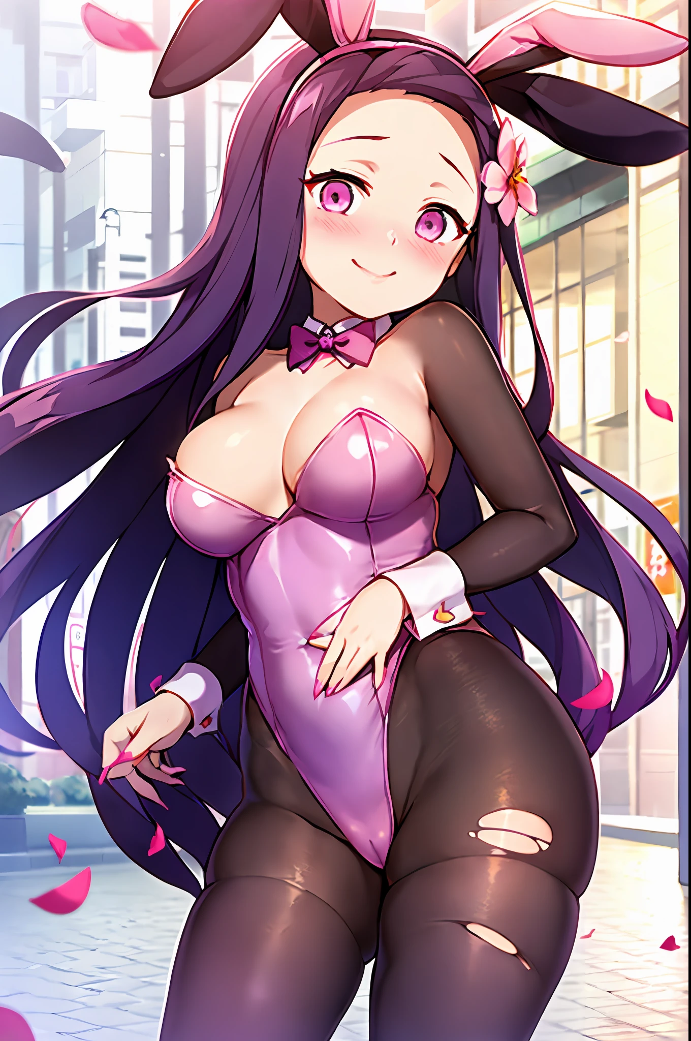 Kamado Nezuko, 1girl, closed mouth, smile, flower, long nails, looking at the viewer, petals, pink eyes, purple hair, ((masterpiece)), embarrassed, surrounded by people, walking on the street in public, nsfw, ecchi style, hands on waist, walking in school, playboy bunny, playboy bunny, big thighs, torn pantyhose