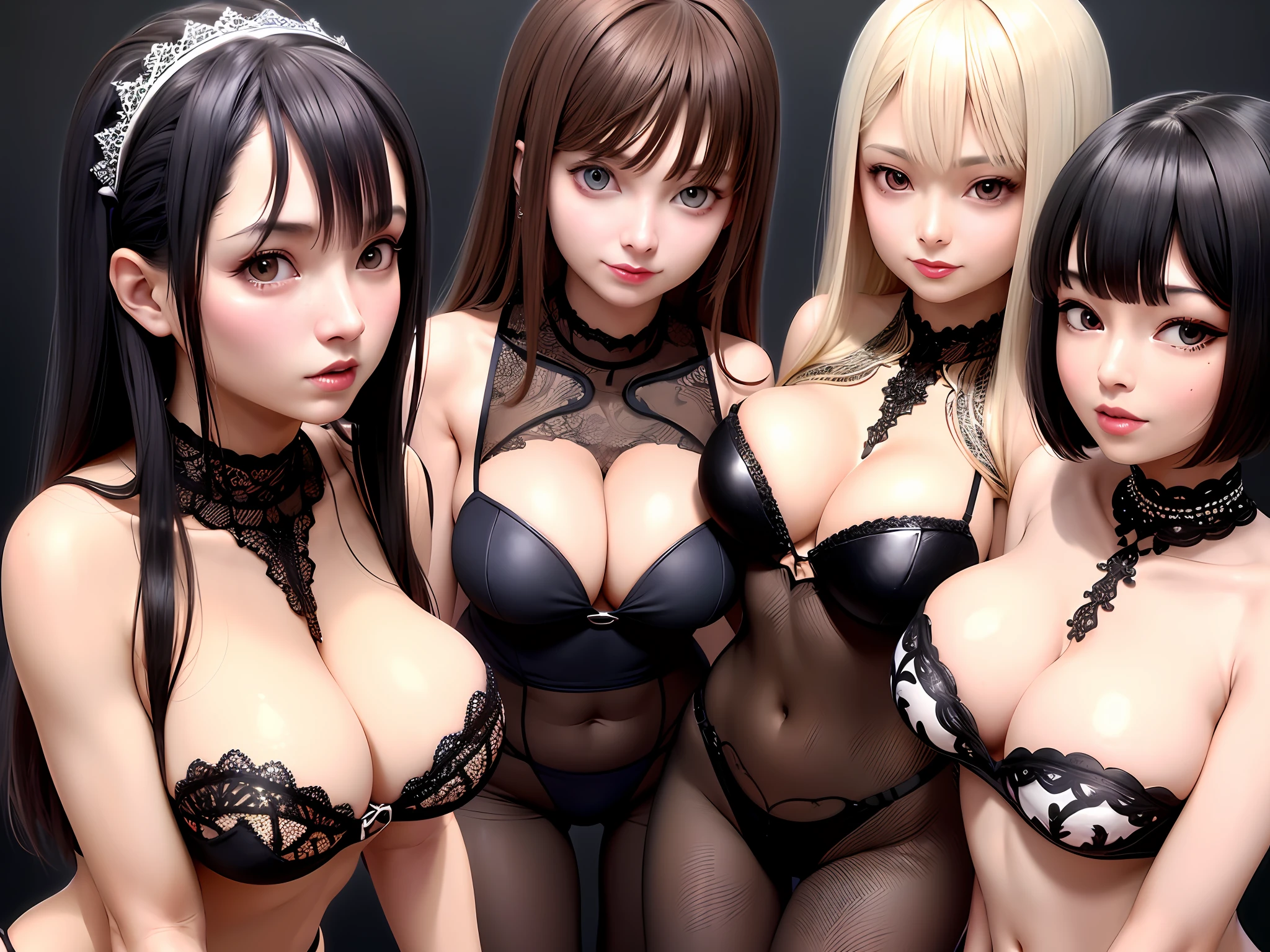 Three girls, six hands, up to five fingers in each hand. Kiss each other face to face. (Breasts grasped by hand: 1.5). Perfect Body, {{}}, {Perfect Body}, {Delicate Face}, {{Best Quality}}}, {{Super Detail}}, {{Masterpiece}}}, {{Best Quality}}}, {{Super Detail}}, {{Illustration}}, {Messy Hair}, {Messy Hair}}}}, Clear Facial Features, Clear Skin Features, Clear Areola, Lace, Black Lace, Ahgao, Realism, Realism, Neorealism, Octane Rendering, Corona Rendering, UE4, High Detail , Ultra High Quality, High Resolution, 8K Art Station Trend, HD, Hyper-Realism, Telephoto Lens, Chest Lens (MCU), First Person View, Film Lighting, -Imagination-