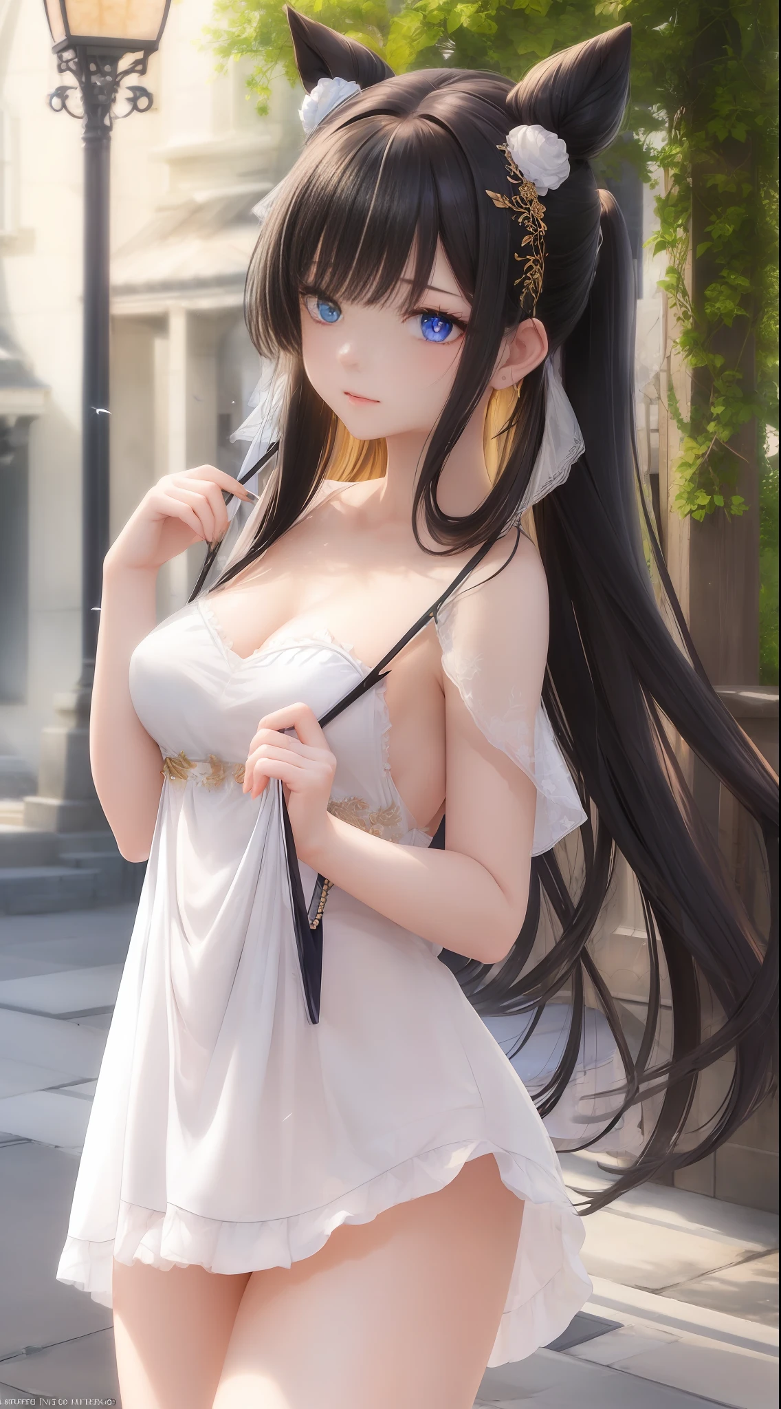 (water mist, light and shadow, aesthetics, details delicate picture, illustration, illustration style, light tracing strong, correct proportions, anime network, perfect composition, high quality, masterpiece, masterpiece, many details, good atmosphere, refinement, ray tracing, close-up, perfect composition, infinite detail, high quality, rich details, gorgeous purity, detail light, ray tracing) , bright eyes, eye details, heterochromic pupils, pupil details, long black hair, fluttering in the wind, hair details, hair strands, silky, super beautiful female, plain exquisite , Costume details, delicate facial features, beautiful, beautiful, gentle, stunning face, headpin, low bun, hair on the ears with feather decoration 180, bare legs 3:1 street shoot