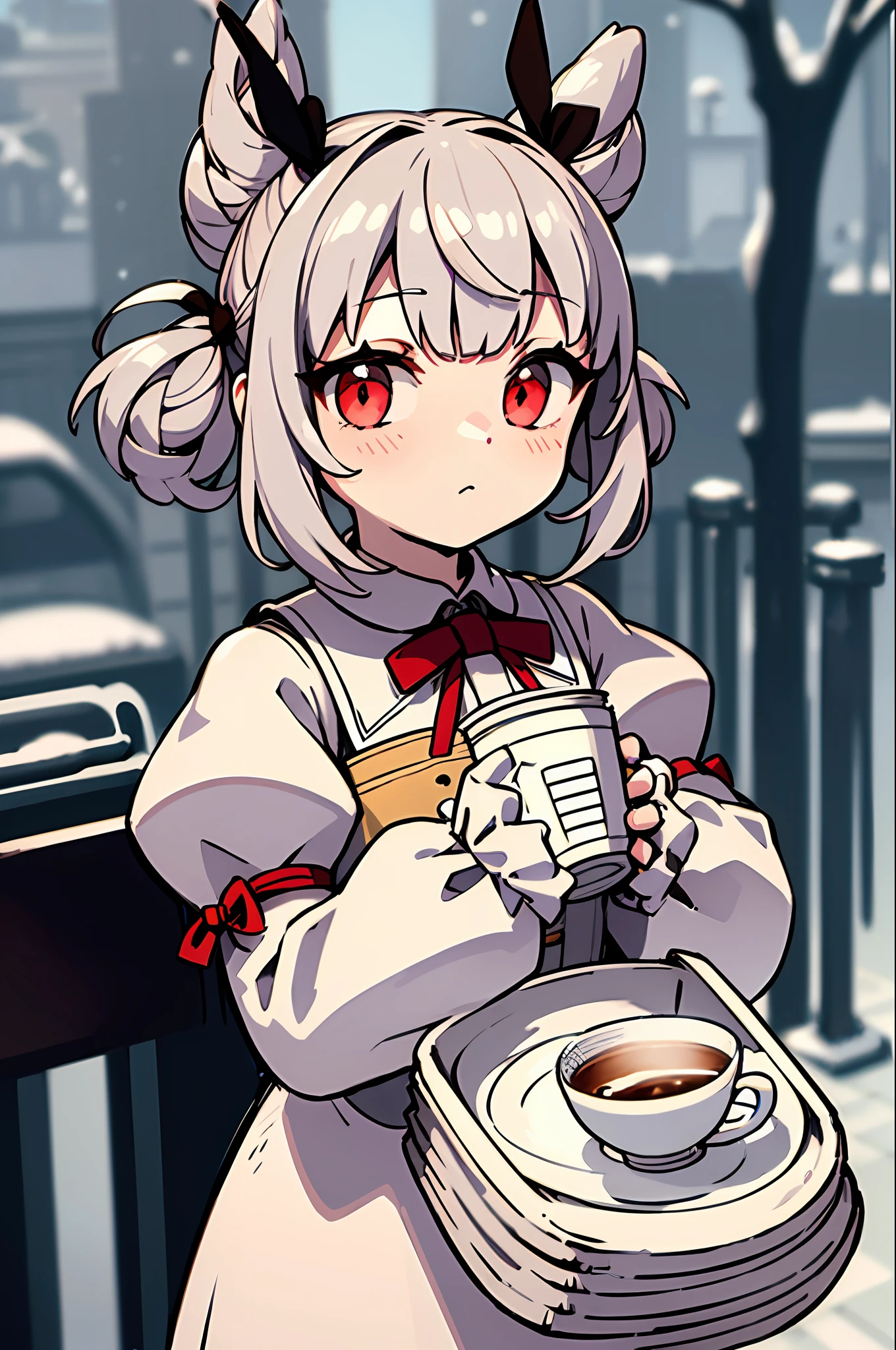 (masterpiece), (best quality), (highly detailed), 1girl, solo, red eyes, holding, disposable cup, looking at viewer, holding cup, outdoors, snow, long sleeves, bangs, cup, coffee cup, tree, closed mouth, bare tree, fur trim, hair between eyes, ribbon, open clothes, bag, winter, black ribbon, snowing, grey hair, coat, hair ribbon, hair bun, upper body, jacket, sidelocks, blush, fur collar