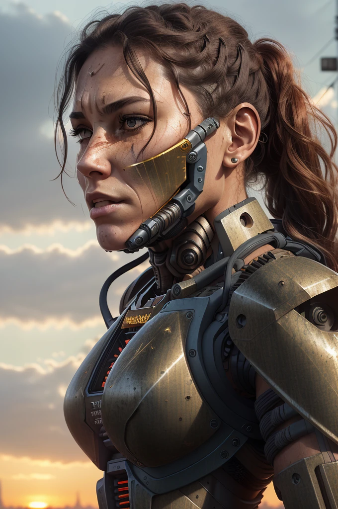 realistic photo of ((woman in a hulking hydraulic biomechanical exoskeleton armored robot)), (detailed face), sunset, sweaty, grime, post-apocalyptic, long hair, cyberpunk, (modelshoot style), eliol69