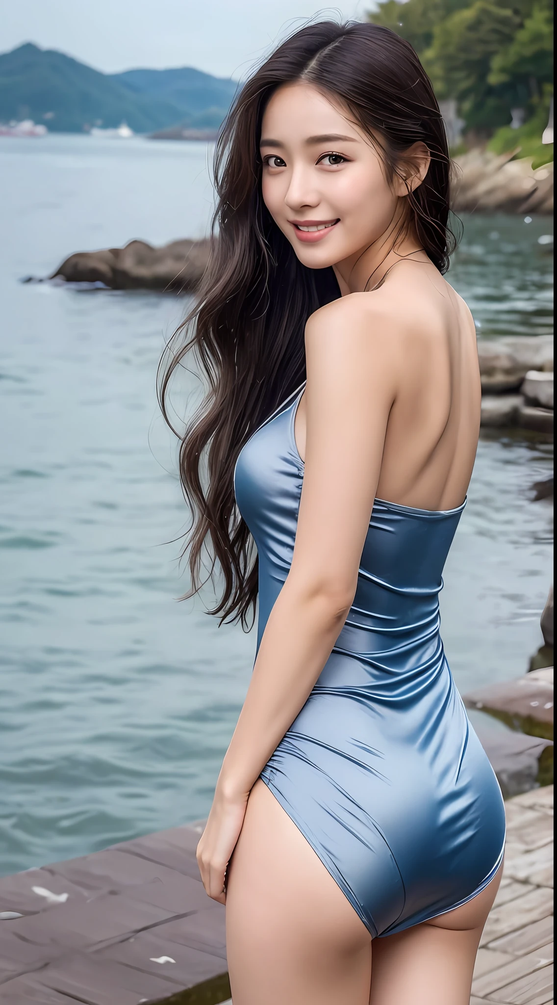 ((Best Quality, 8K, Masterpiece:1.3)), Focus:1.2, Perfect Body Beauty:1.4, Buttocks:1.2, ((Long Silver Hair, Sideburns)), (Wet Clothes:1.1) , (Ship, Sea: 1.3), Dark Blue Bandeau Dress: 1.1, Highly detailed face and skin texture, Detailed eyes, Double eyelids, buttocks, whitening skin, smile,