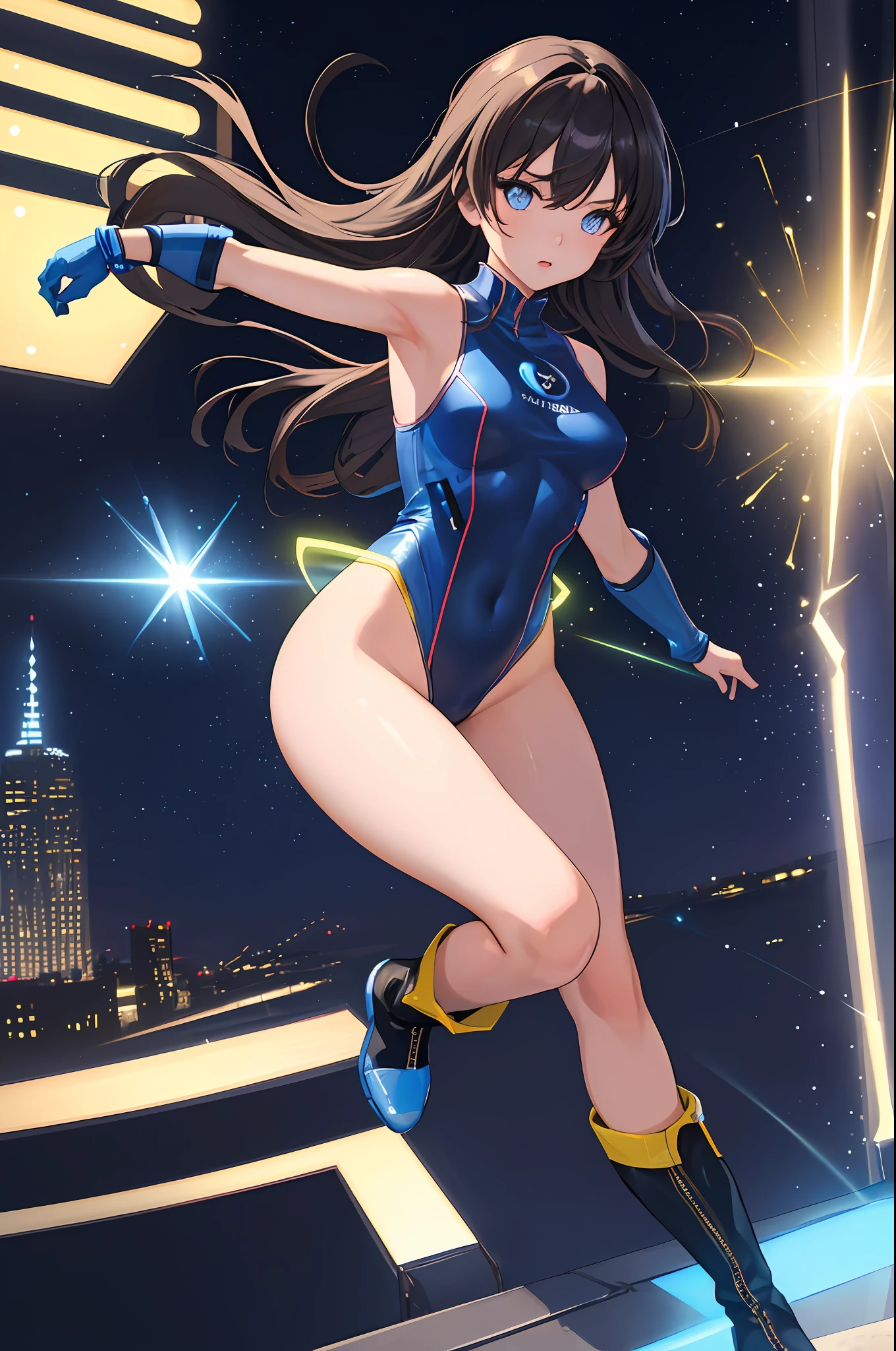 masterpiece, best quality, highres, 1girl, solo, superhero, leotard, bare legs, boots, matching boots, aura, blue aura, sleeveless, gloves, bracelets, matching gloves, looking at viewer, light particles, city backdrop, perfect hands, perfect eyes, powering up, perfect leotard, perfect legs, perfect arms, perfect fingers,