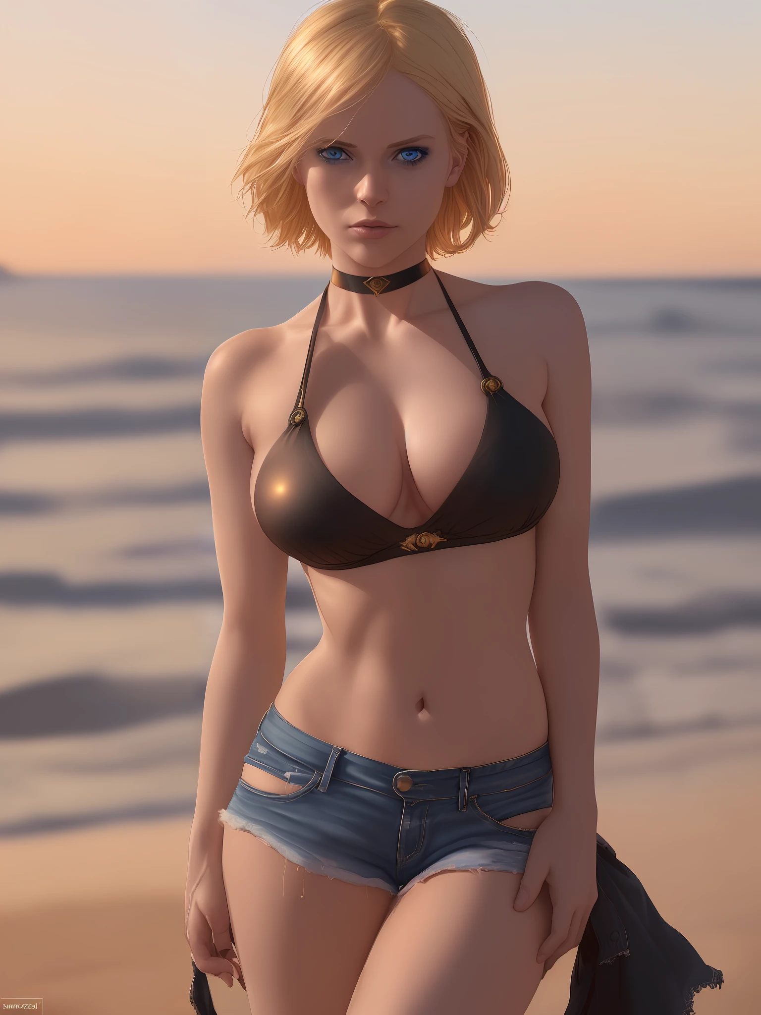 (a detailed portrait RAW photo of a gorgeous beautiful ((Finnish)) 32 years old blue eyed blonde girl sitting on beach, leaning forward, SHORT hair, black bikini, jeans shorts, cleavage, realistic, solo, front view,POV,looking in camera, flirting with the camera, (masterpiece),(photorealistic:1.3), nfsw, ultra-detailed, (high detailed skin:1.2),(best quality:1.0), (ultra highres:1.0),(by samdoesart, by Antonio J. Manzanedo), fit, back light, GOLDEN HOUR, petite, choker, slim, choker, beautiful
