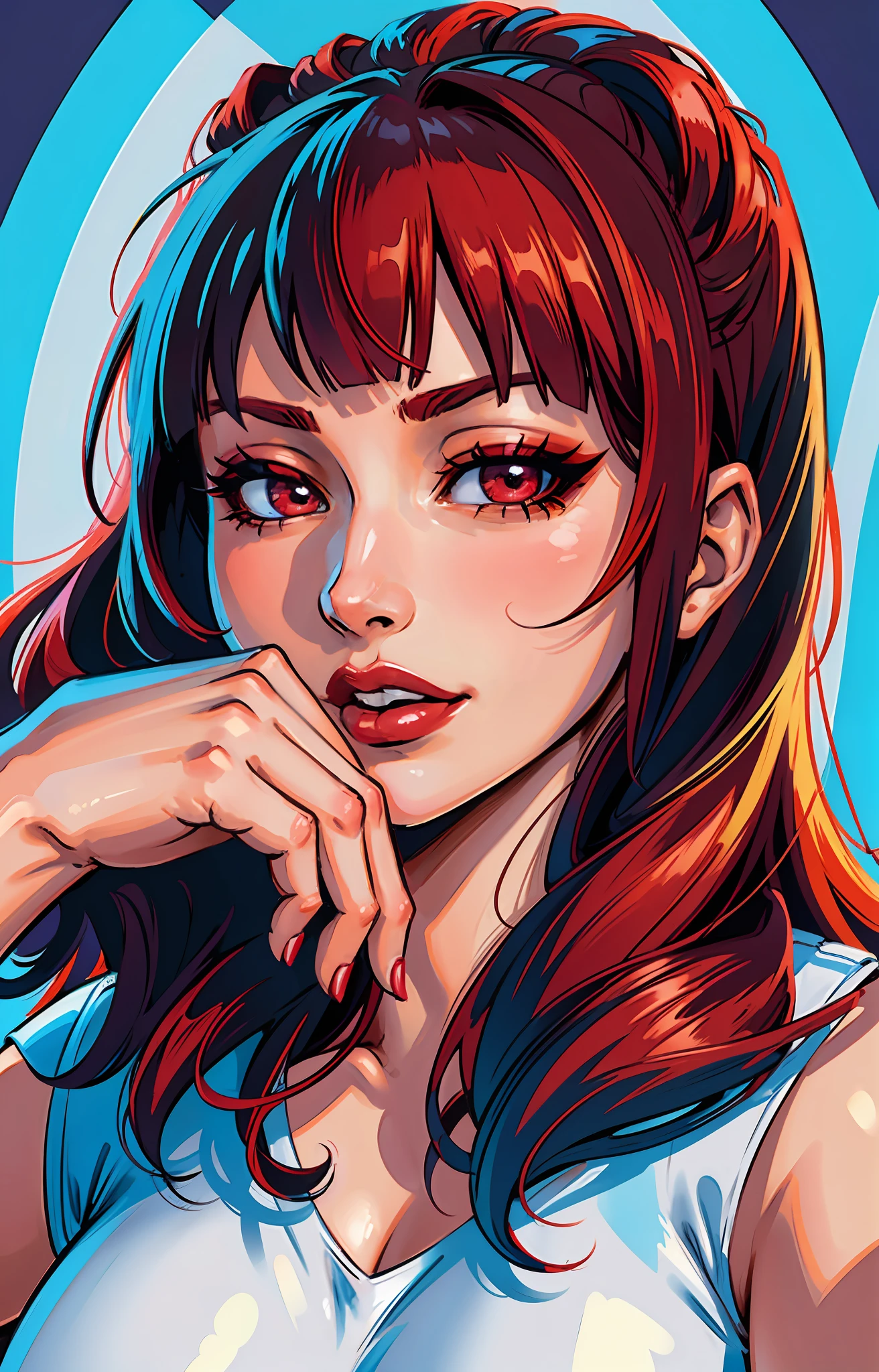 (masterpiece),(best quality:1.0), (ultra highres:1.0), detailed illustration, 8k, anime, 1girl, beautiful anime girl, wearing a red top, pretty face, detailed face, beautiful eyes, detailed eyes, dark red eyes, bright red lips, red lipstick, beautiful stylish hair, highlights in hair, bangs anime style, best quality, vibrant