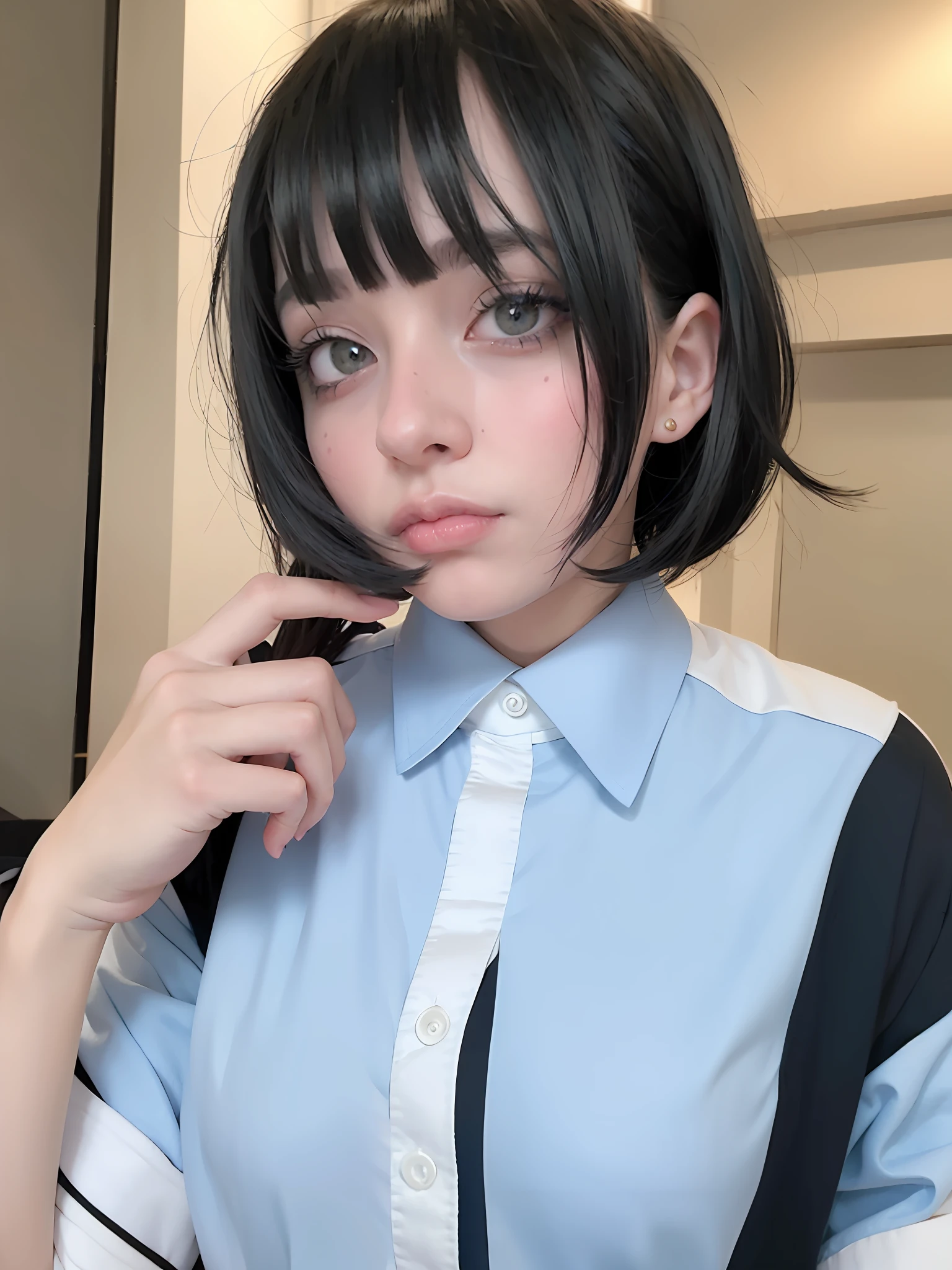 arafed woman with black hair and a blue and white shirt, androgynous face, pale fair skin!!, she has black hair with bangs, anime girl in real life, with short hair, androgynous, beautiful androgynous girl, black hair and large eyes, with pale skin, 1 7 - year - old anime goth girl