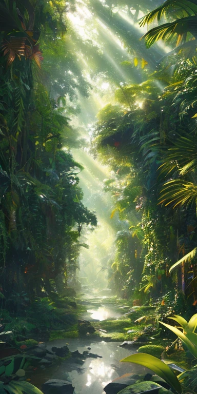 Tropical Rain Forest, rope vines, thick branches, colorful birds, glistening stream, treetop view