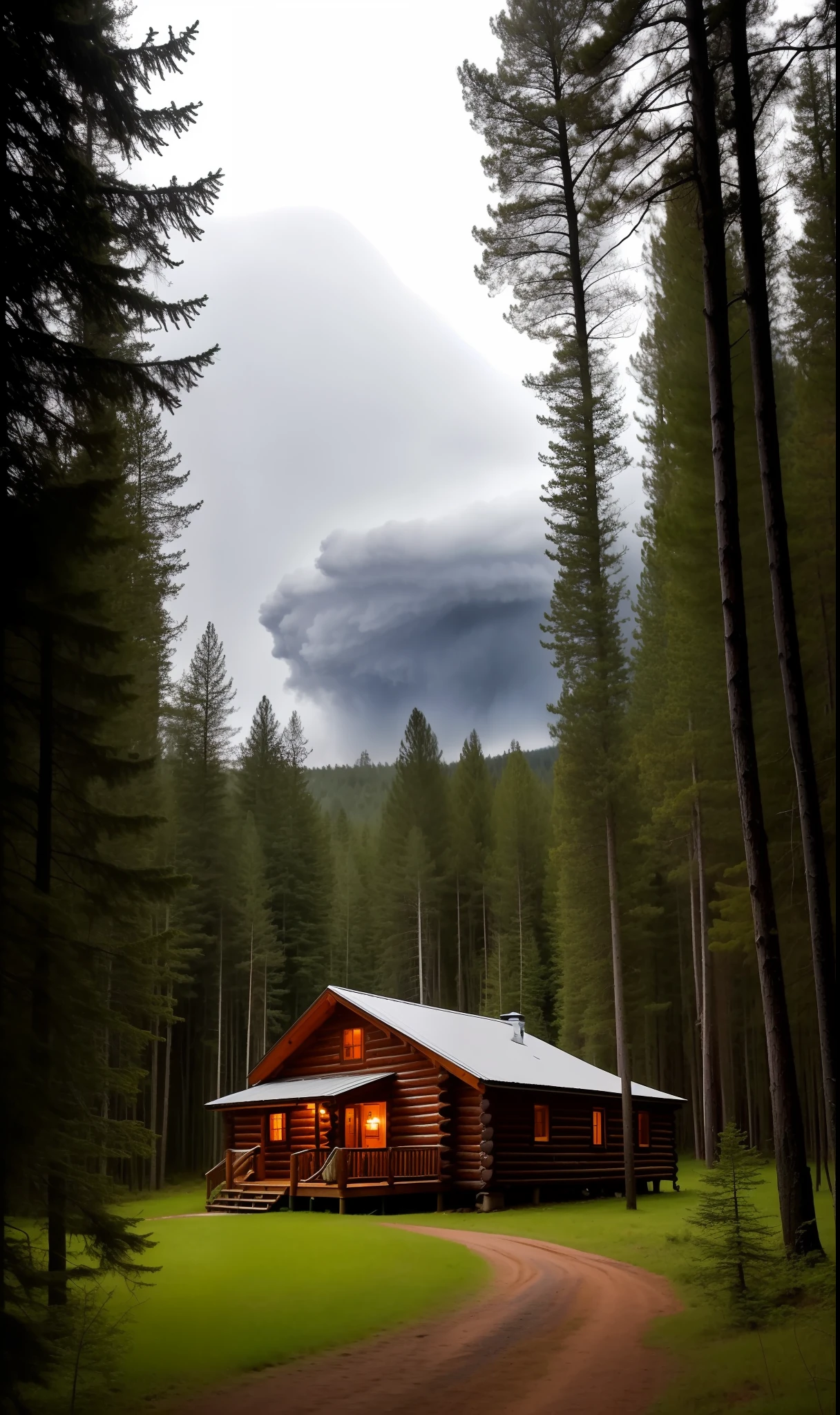 A cabin in the middle of a forest, a big storm, outside there are some wild horses, high resolution, ultra HD, hyperrealism