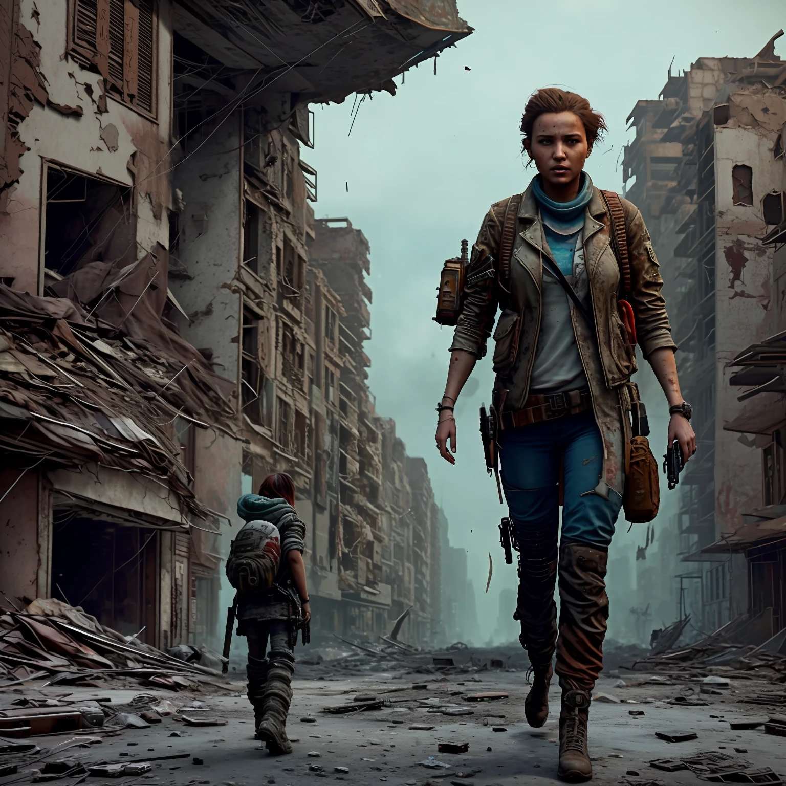 there is a woman walking down a street with a , in postapocalypse city, in a post apocalyptic city, in a post apocalyptic setting, in a post-apocalyptic wasteland, post-apocalyptic, post - apocalyptic, in a ruined cityscape, post - apocalyptic style, post - apocalypse, post-apocalypse, realistic apocalyptic war scene, ( apocalyptic ) 8 k