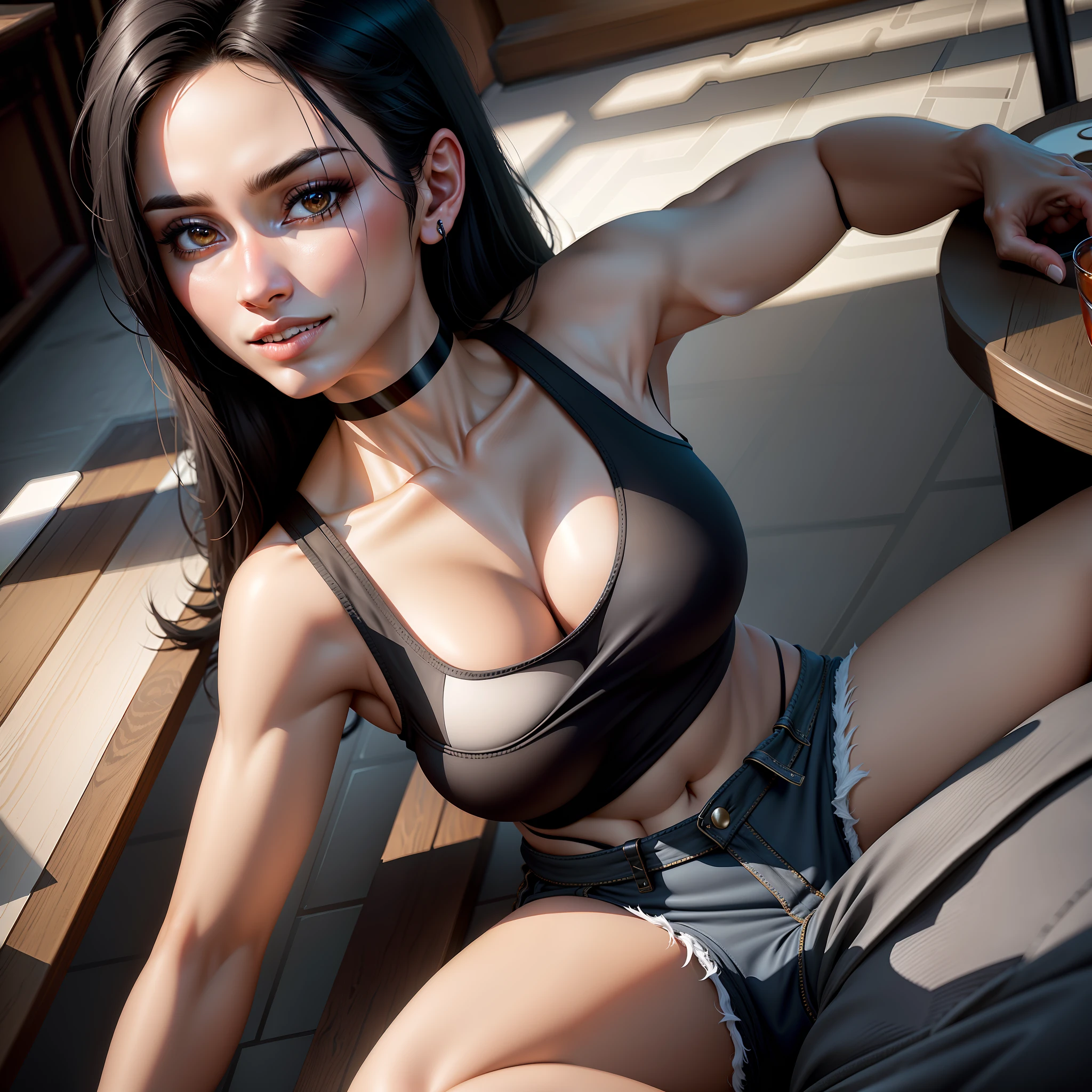 (((Hyper realistic))) Black hair, brown eyes, 21 year old, girl, sitting at a table, white skin, black choker, human, realistic, b cup breasts, crooked smile, straight teeth, skinny, drinking coffee, wearing tank top, black jeans, 1girl, (girlfriend)