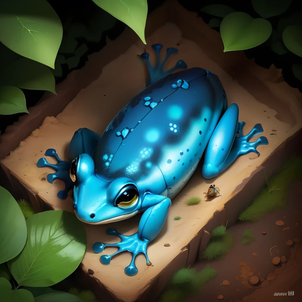 Realistic anthill in a shape of a blue frog seen from above with little ants on it