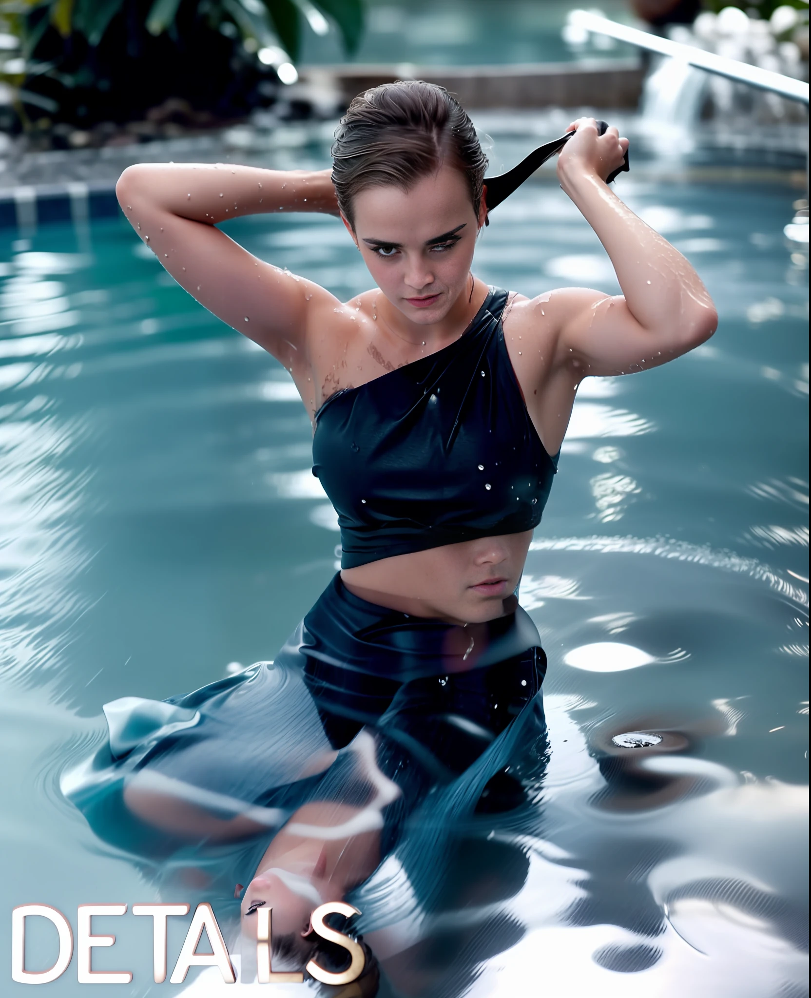 photograph of emma watson a pool, slicked back hair, soaked hair, plaid shirt, soaked clothes, wet jeans, wet clothes, soaked, beautiful symmetrical face, highly detailed, intricate, sharp focus, 85mm, mid shot, (centered image composition), trending on Instagram, ultra realistic, concept art