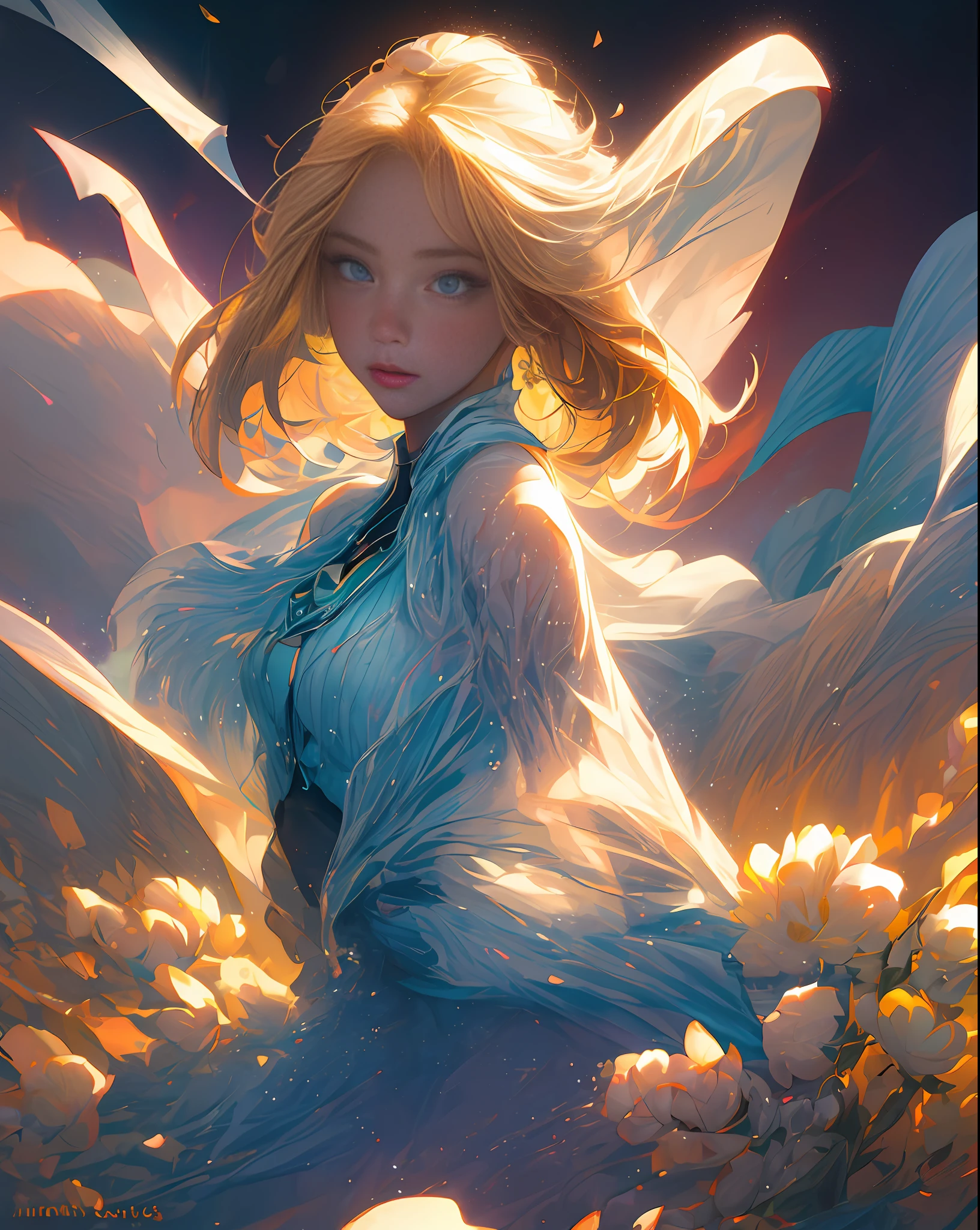 (best quality, masterpiece), 1girl, pose, particle, wind, flower, upper body, simple background, looking at viewer, blonde, galaxy,backlit,rimlight