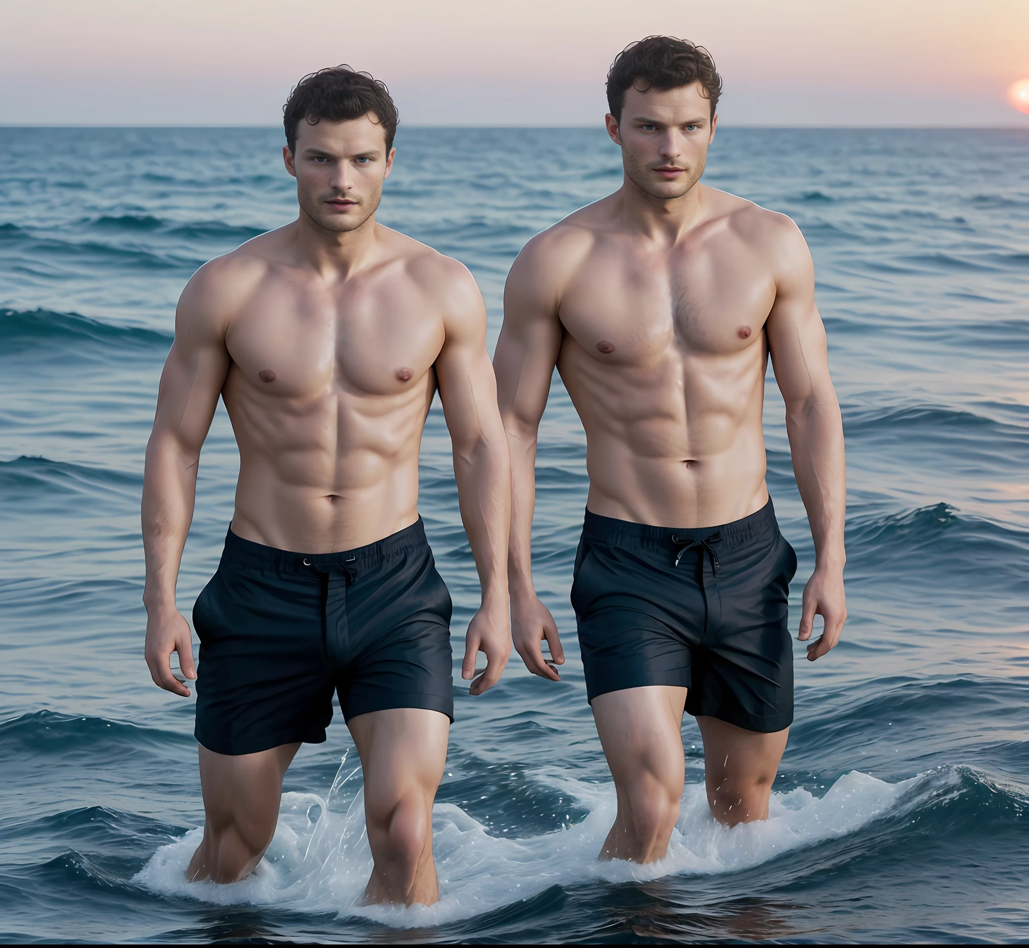 (Jamie Dornan coming out of the sea), movie scene, wearing black shorts, (No blemishes), serious and elegant man, (With tanned and healed body, with the face of a model), actor Jamie Dornan, with thick and masculine eyebrows, man style secret agent 007, (with mysterious and serious countenance,) ( wearing a detached and beautiful beard, ) short dark hair, stylish and elegant,  Shaved and strong body adjusted in suit, background of sea image and sunset, show body, man similar to actor Jamie Dornan, (high quality and realistic image), ((Best quality, 8k, Masterpiece).