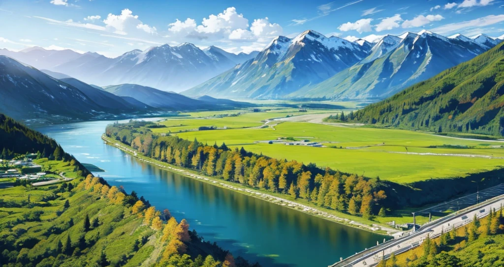 detailed background, masterpiece, best quality, scenery, mountains, river, forest, sun, day, clouds