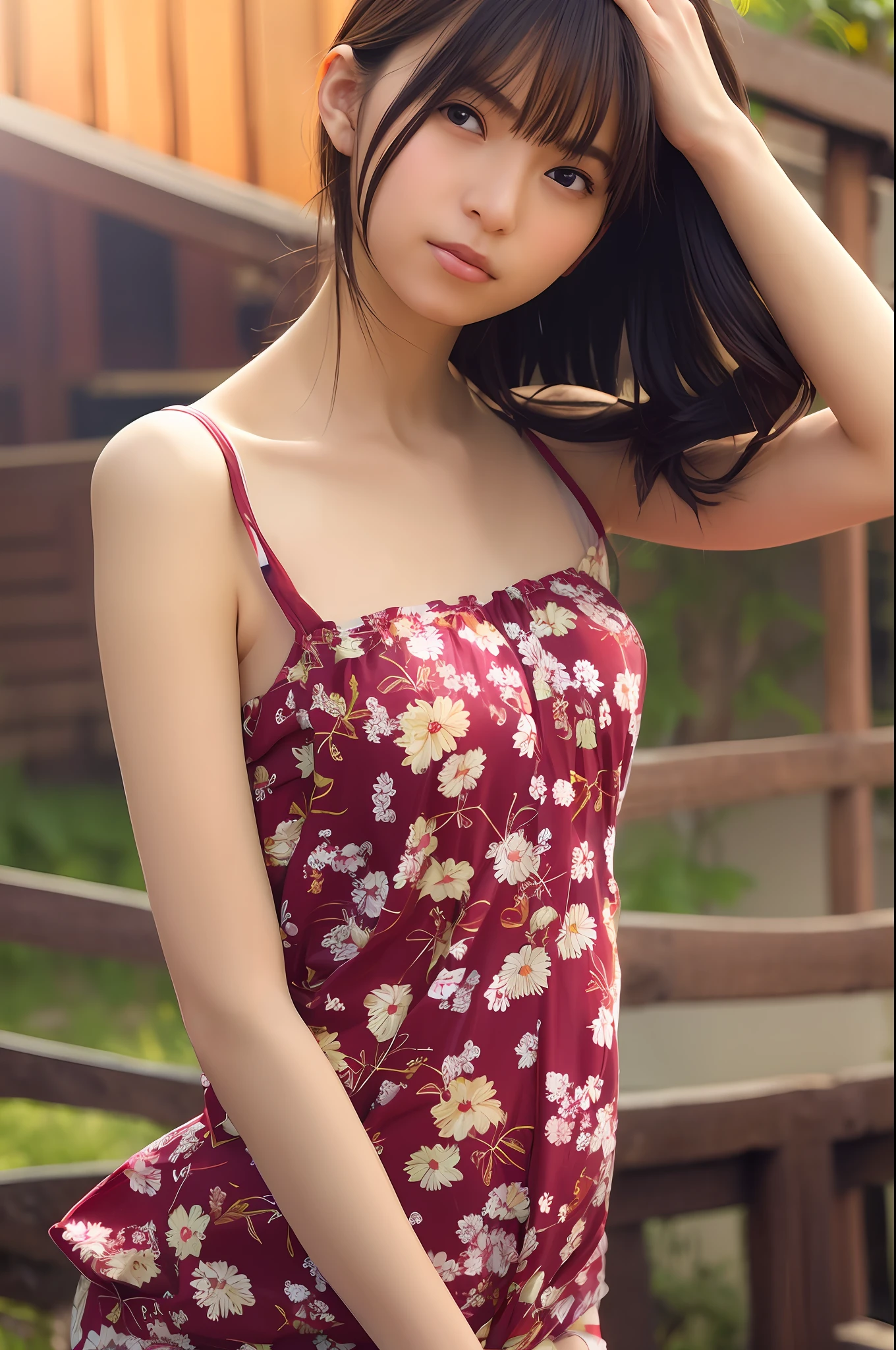 Good Hands,4k, High Definition, Masterpiece, Top Quality, Head:1.3, (Japan Idol), Fine Skin, Sharp Focus, (Cinematic Lighting), Clavicle, Morning, Soft Lighting, Medium Hair, Dynamic Angle, [: (Face Details: 1.2):0.3],Armpit Wrinkles,Thigh Gaps,Red Clothes,Slender,Cleavage,Outdoor