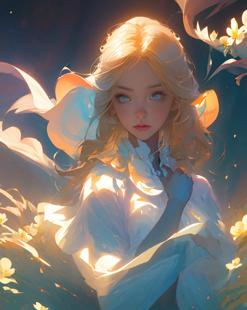 (best quality, masterpiece), 1girl, pose, particle, wind, flower, upper body, simple background, looking at viewer, blonde, galaxy,backlit,rim light,glow