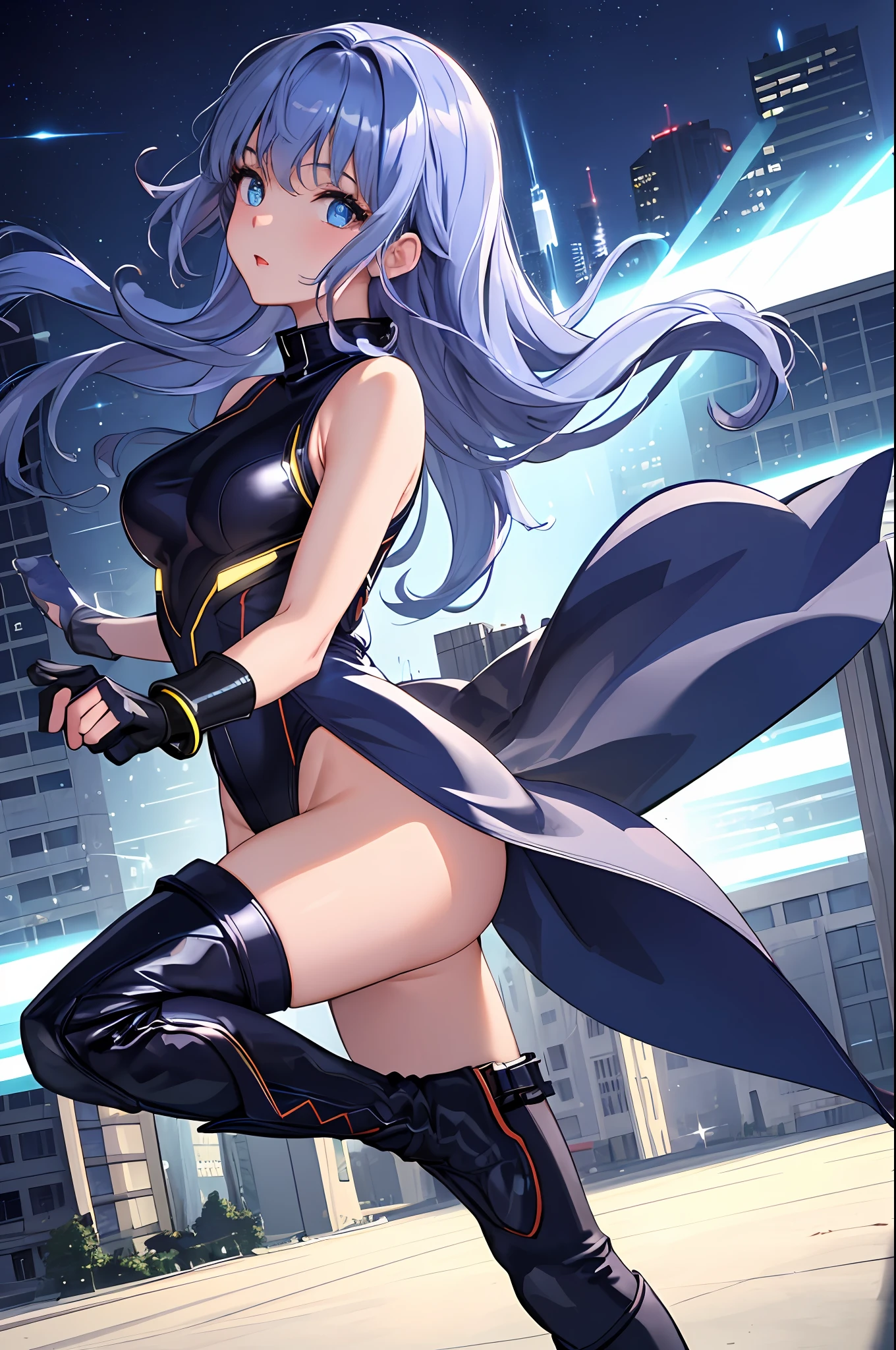 masterpiece, best quality, highres, 1girl, solo, superhero, leotard, bare legs, boots, matching boots, aura, blue aura, sleeveless, gloves, bracelets, matching gloves, looking at viewer, light particles, city backdrop, perfect hands, perfect eyes, powering up, perfect leotard, perfect legs, perfect arms, perfect fingers,