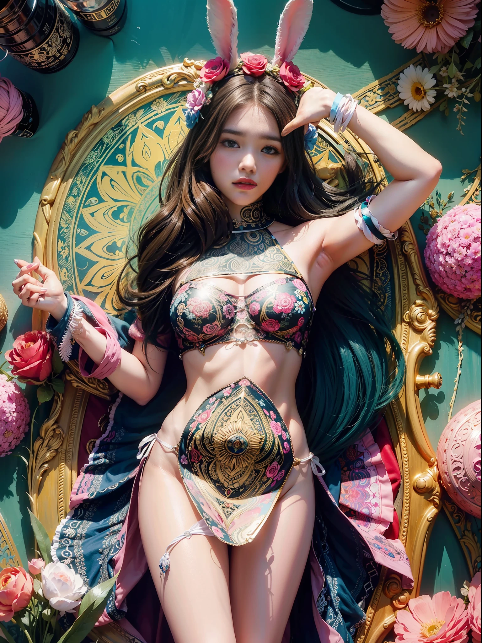 Bunny Girl, Official Art, Unified 8K Wallpaper, Ultra Detailed, Beautiful and Aesthetic, Beautiful, Masterpiece, Best Quality, (Zentangle, Mandala, Tangle, Entangle), (Flower Ecstasy: 1.2) Dynamic Angle, Cowboyshot, Most Beautiful Chaotic Forms, Elegance, Fauvist Design, Bright Colors, Romanticism, Atmosphere