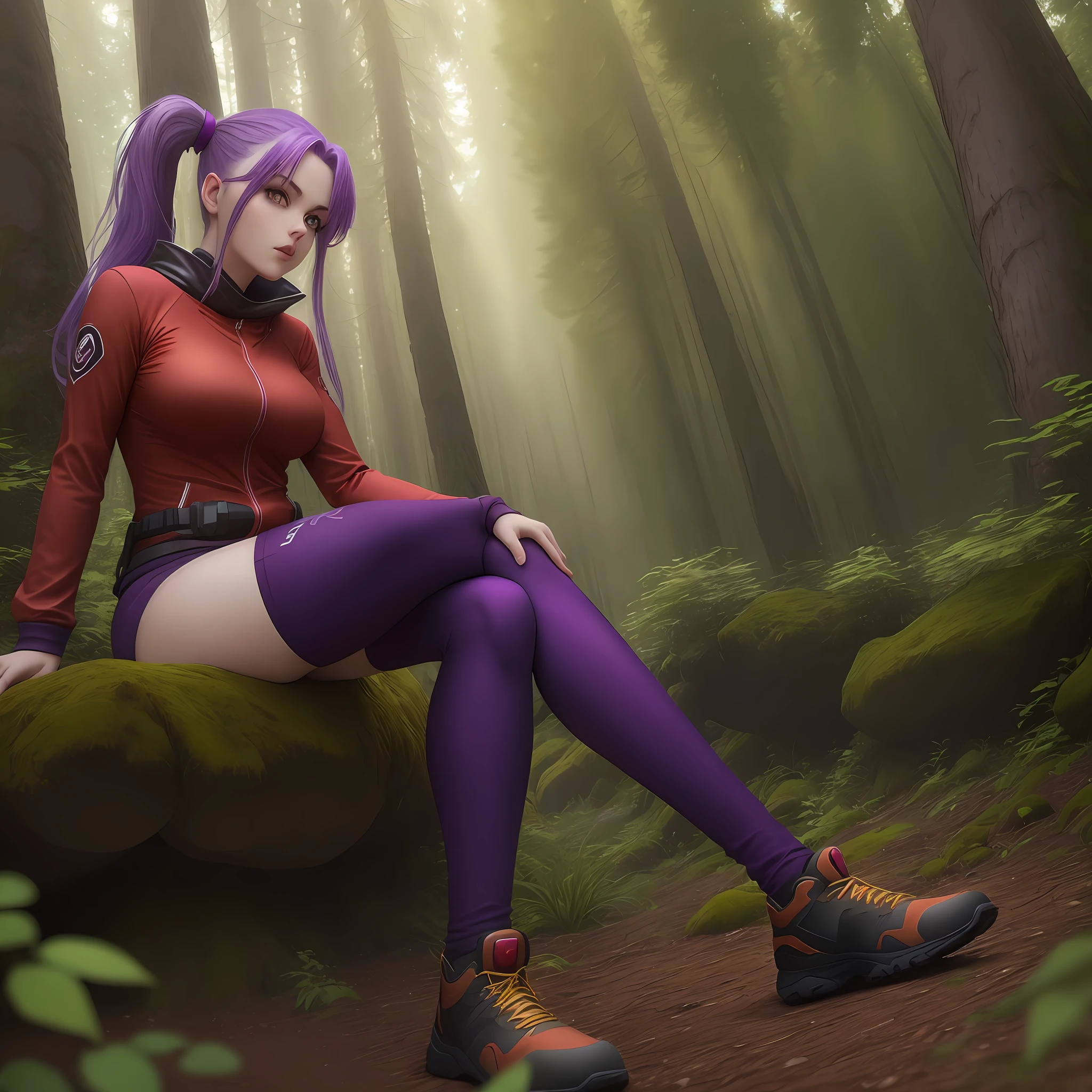1 female,purple color hair,golden eye,perfect face,red color clothes,full body,perfect body,her sitting green forest,8k,relastic,hyper relastic,photo relastic