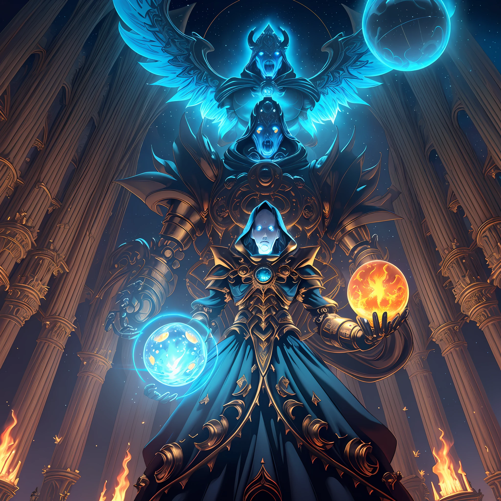 (android mechanical lich hovering above a gothic cathedral)=1.6, robot wings:Unholy Bioluminescent Flame,earnst haeckel, james jean. generative art, baroque, intricate patterns=1.1, fractalism, movie still, photorealistic, intricate, elegant=1.4, highly detailed, artstation, smooth, sharp focus, illustration, outrun, vaporware,epic wide angle shot, (monsters trapped in orbs of pure unholy celestial aura), angle from below, (Golden Death Mask) = 1.8, cinematic lighting, blank stare:yawning, (looking at viewer), {Masterpiece}, ((Massive Unholy blue flame meteors falling in background))=1.7, 1man