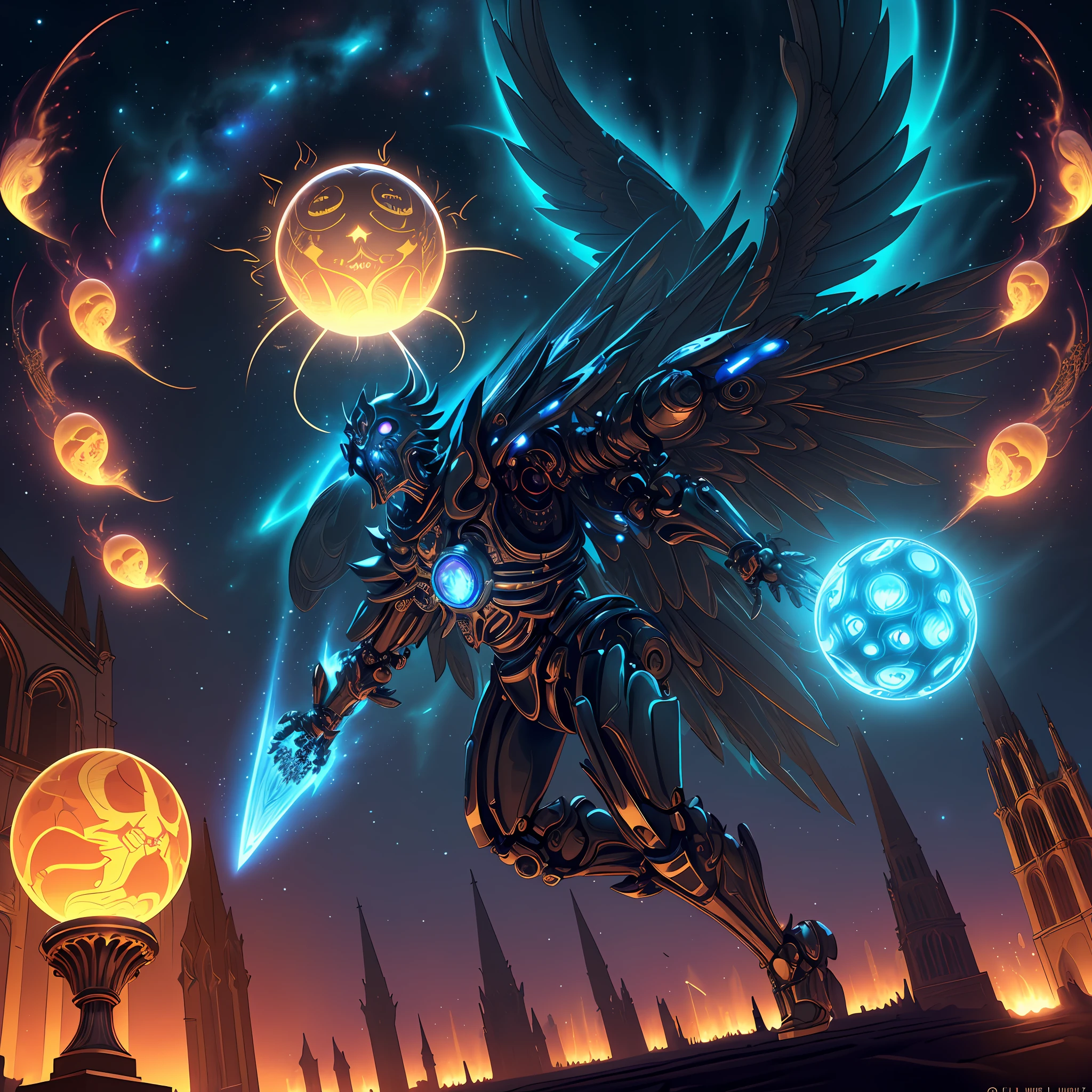 (android mechanical lich hovering above a gothic cathedral)=1.6, robot wings:Unholy Bioluminescent Flame,earnst haeckel, james jean. generative art, baroque, intricate patterns=1.1, fractalism, movie still, photorealistic, intricate, elegant=1.4, highly detailed, artstation, smooth, sharp focus, illustration, outrun, vaporware,epic wide angle shot, (monsters trapped in orbs of pure unholy celestial aura), angle from side, (Golden Death Mask) = 1.8, cinematic lighting, blank stare:yawning, (looking at viewer), {Masterpiece}, ((Massive Unholy blue flame meteors falling in background))=1.7, 1man