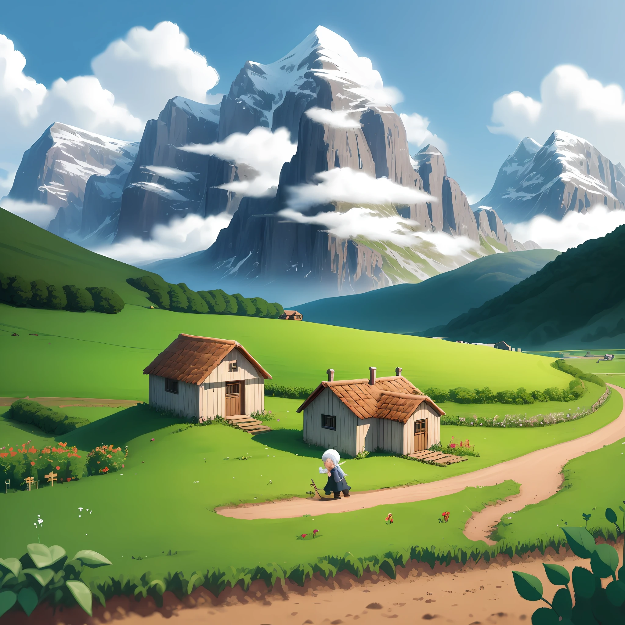 Pixel style, 2.5D, Beautiful idyllic scenery, A cartoon boy plows a hoe field, field, hut, silver hair, beret, Fujicolor, masterpiece