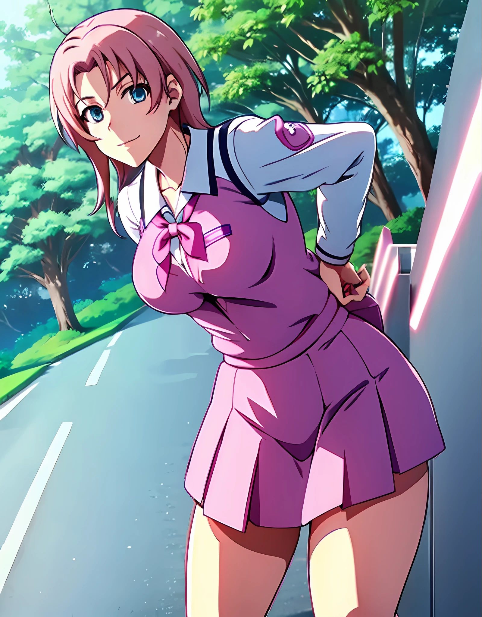 schoolgirl, pink hair, small breasts, (wide hips:1.2), standing, smile, school uniform, blue miniskirt, hands at sides, looking at viewer, outside, near tree, arms behind back, (road:0.6), pov, looking at viewer, facing viewer, perfect eyes, blue eyes