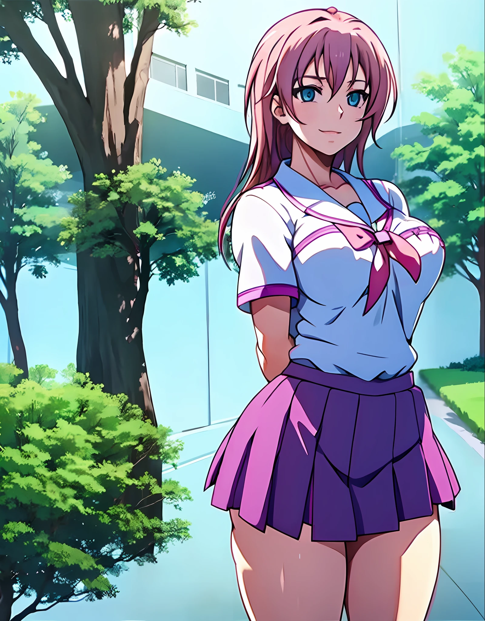 girl, pink hair, small breasts, (wide hips:1.2), standing, smile, school uniform, blue miniskirt, hands at sides, looking at viewer, outside, near tree, arms behind back, (road:0.6), pov, looking at viewer, facing viewer, perfect eyes, blue eyes