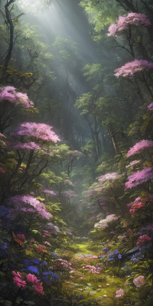 A glade, flowers grow in a clearing, a dark forest in the distance, the flowers are bright, shining, a clear sky turning into a dark one from above, a camera from below, dark lighting, volumetric lighting, super-detailing, detailing of the environment, high quality, cover, fantasy, art