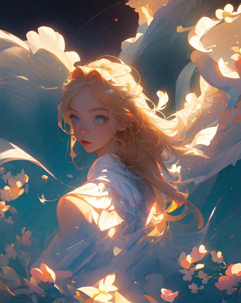 (best quality, masterpiece), 1girl, pose, particle, wind, flower, upper body, simple background, looking at viewer, blonde, galaxy,backlit,rim light,glow,beautiful eyes
